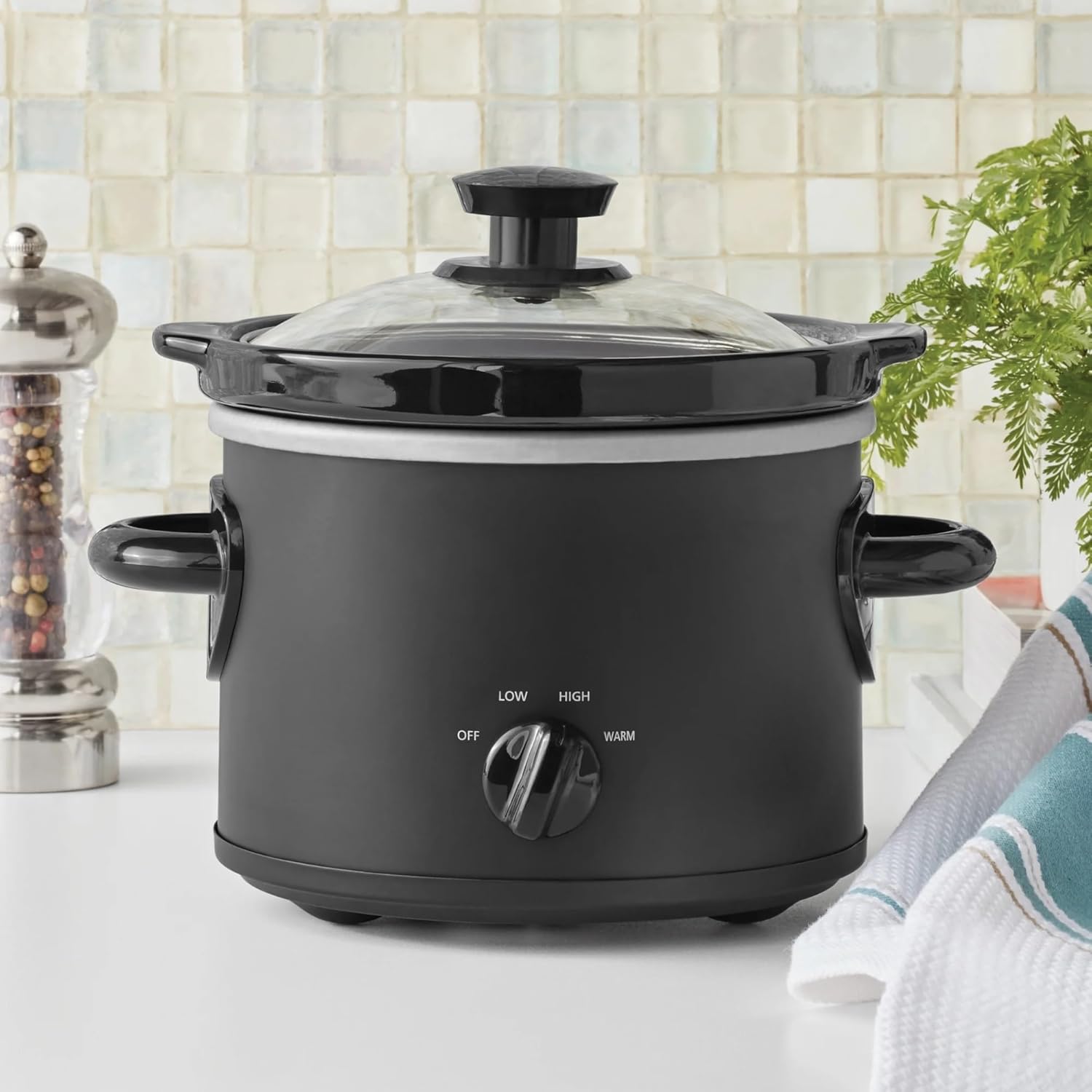 Matte Black 2 Qt Manual Slow Cooker - 2 Temperature Settings Removable Stoneware Crock Cool-Touch Handle Singles Couples