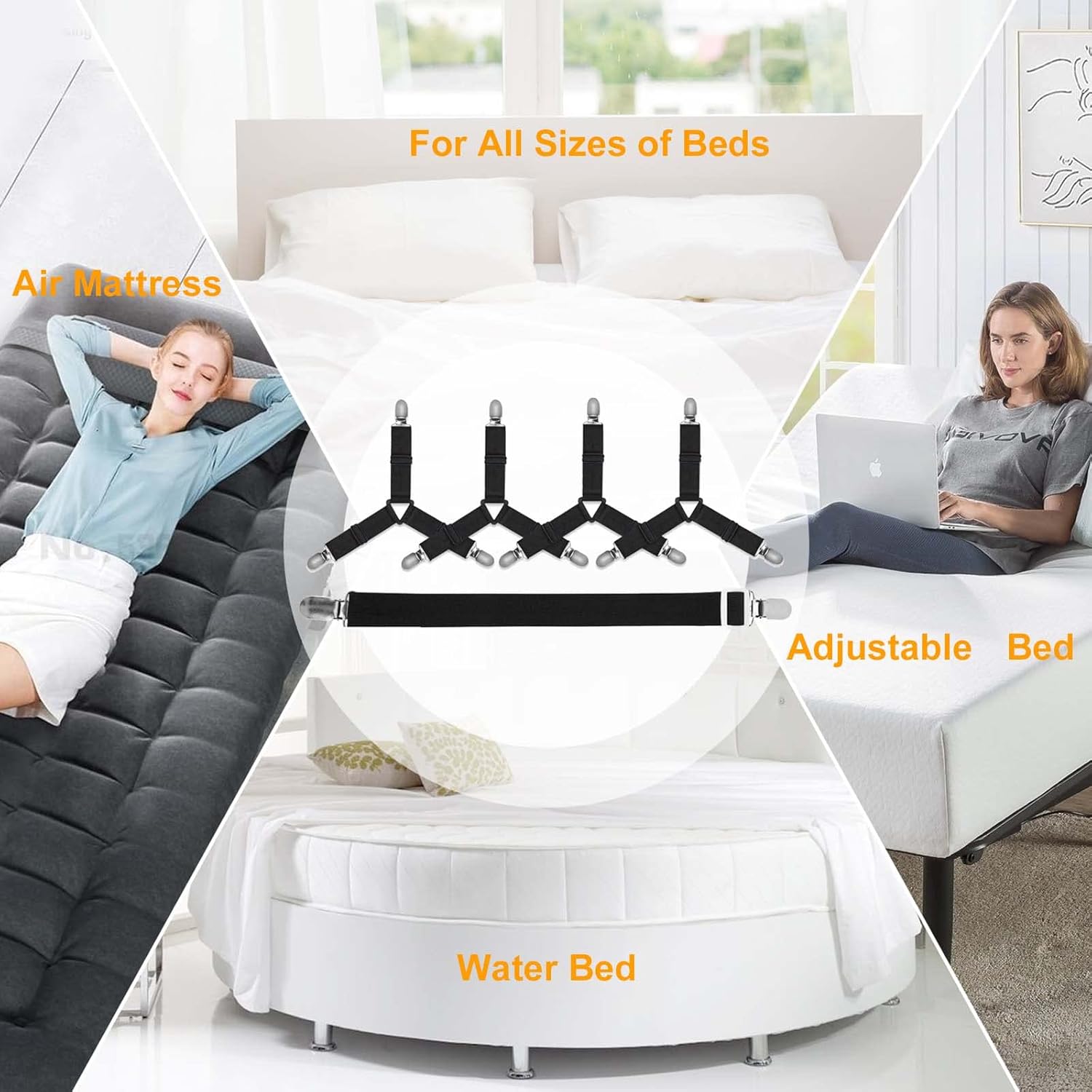 Waclobe Bed Sheet Straps Set 4+1 Pcs. Sheet Holders for Corners, Bedsheet Clips Elastic Adjustable Sheet Fasteners Heavy Duty Fitted Sheet Grippers for Bedding Sheet (Black) : Home & Kitchen