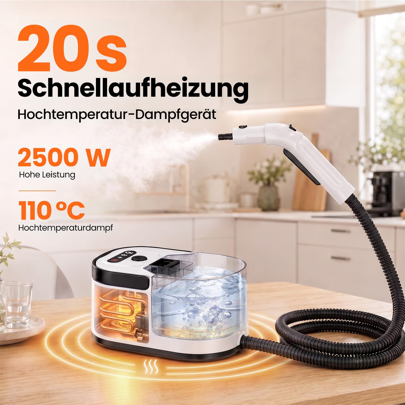 3-Stufig Dampfreiniger Handgerät,20 Sekunden Aufheizzeit und 1,6L Abnehmbarer Großer Tank, 2500W Hochleistungs-Dampfreiniger für Boden, Küche, Fenster, Bad, Auto, Ölentfernung