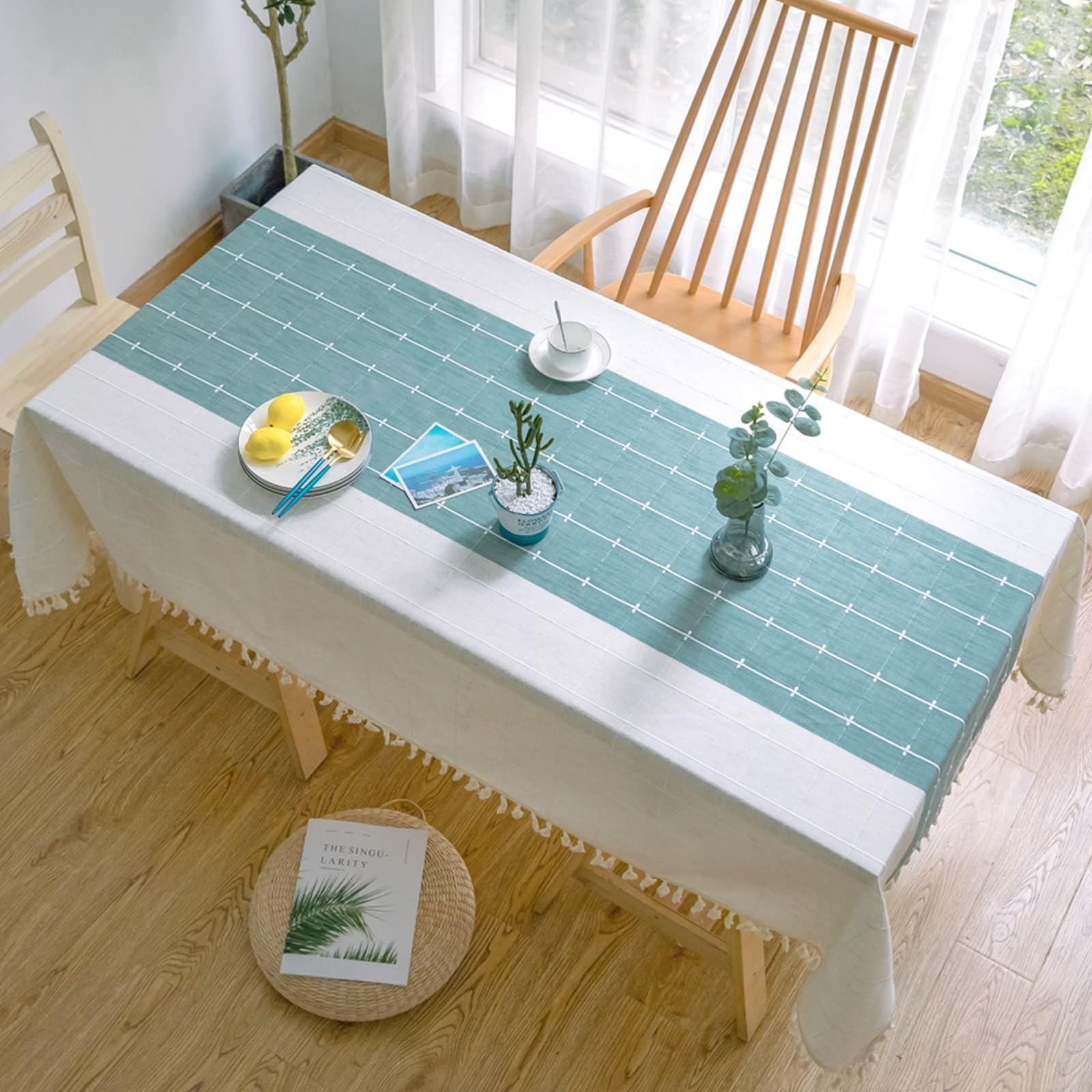 Daesar Mantel Rectangular Mesa Cocina,Manteles Mesa Poliéster Rayas con Borlas Manteles de Mesa Comedor Verde,140x180CM(71x55Inch)