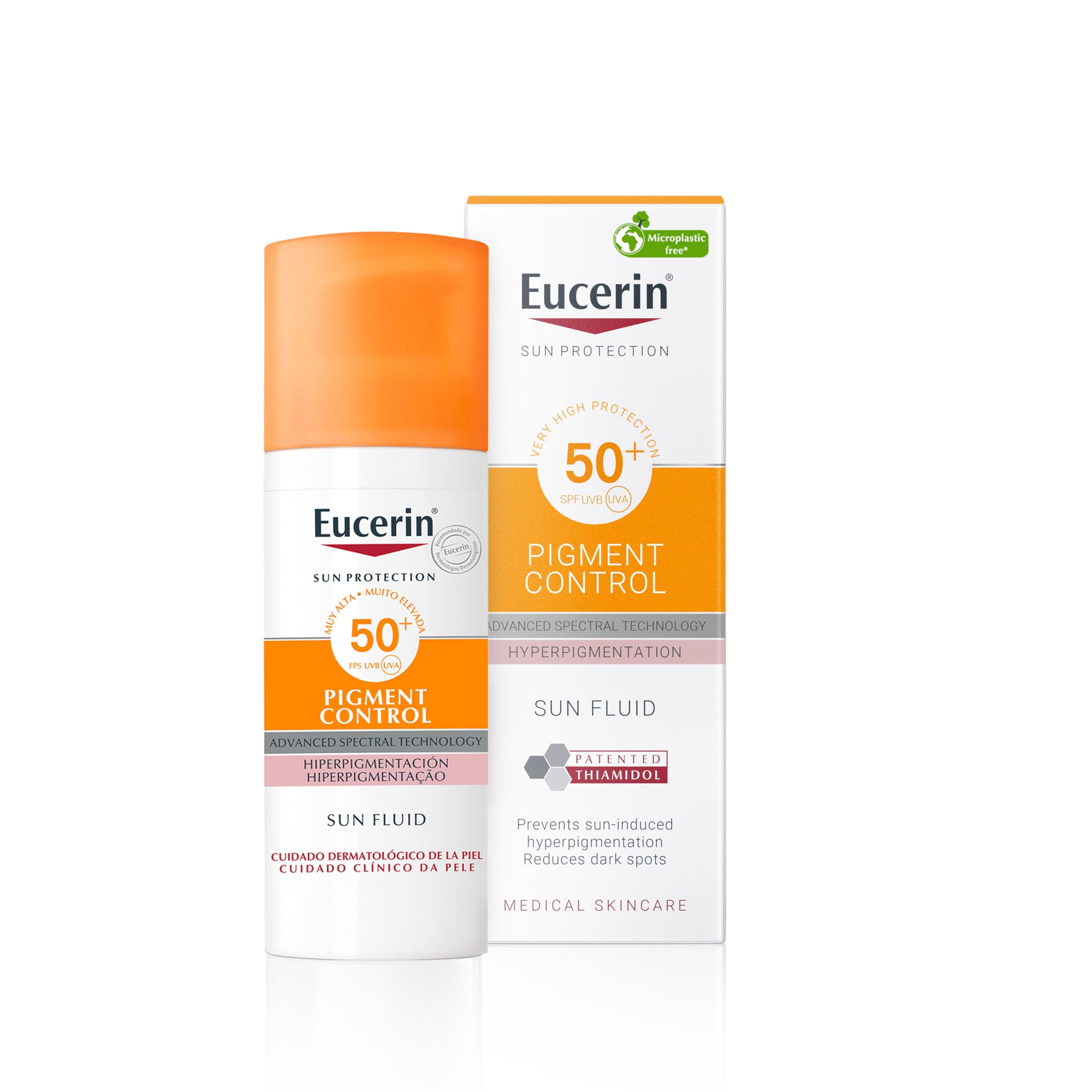 Eucerin Sun Face Pigment Control Fluid FPS 50+ (50 ml), crema facial solar FPS 50+ con filtros UVA/UVB, protección solar antimanchas y antipigmentación, crema de sol para todo tipo de pieles