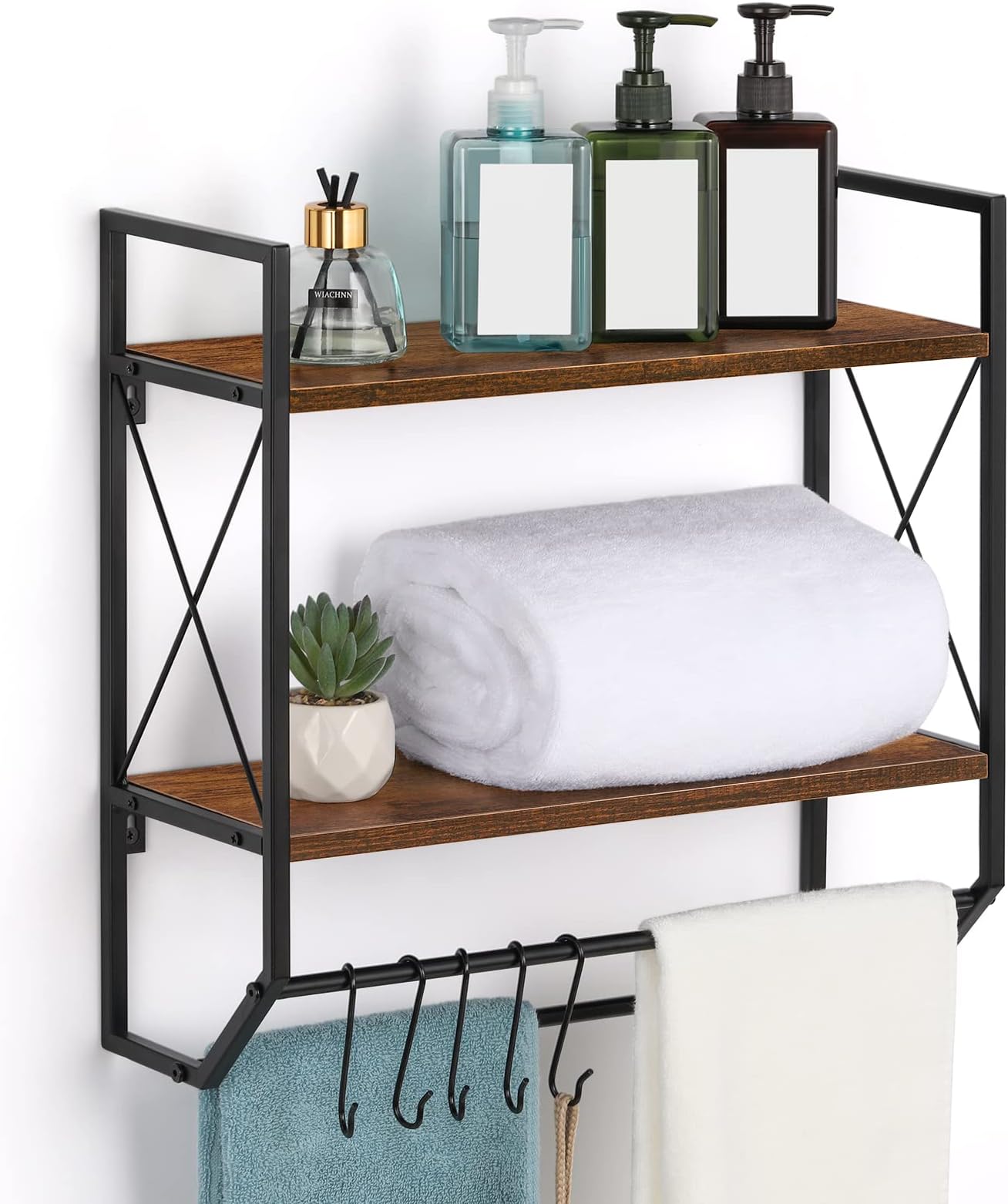Bathroom Wall Shelf 2 Tier Towel Rack with Towel Bar, Rustic Towel Rack with Shelf for Wall Storage Shelves with Hooks Over Toilet Shelf Wall Mounted Towel Holder Shelf Floating Shelves for Home Brown