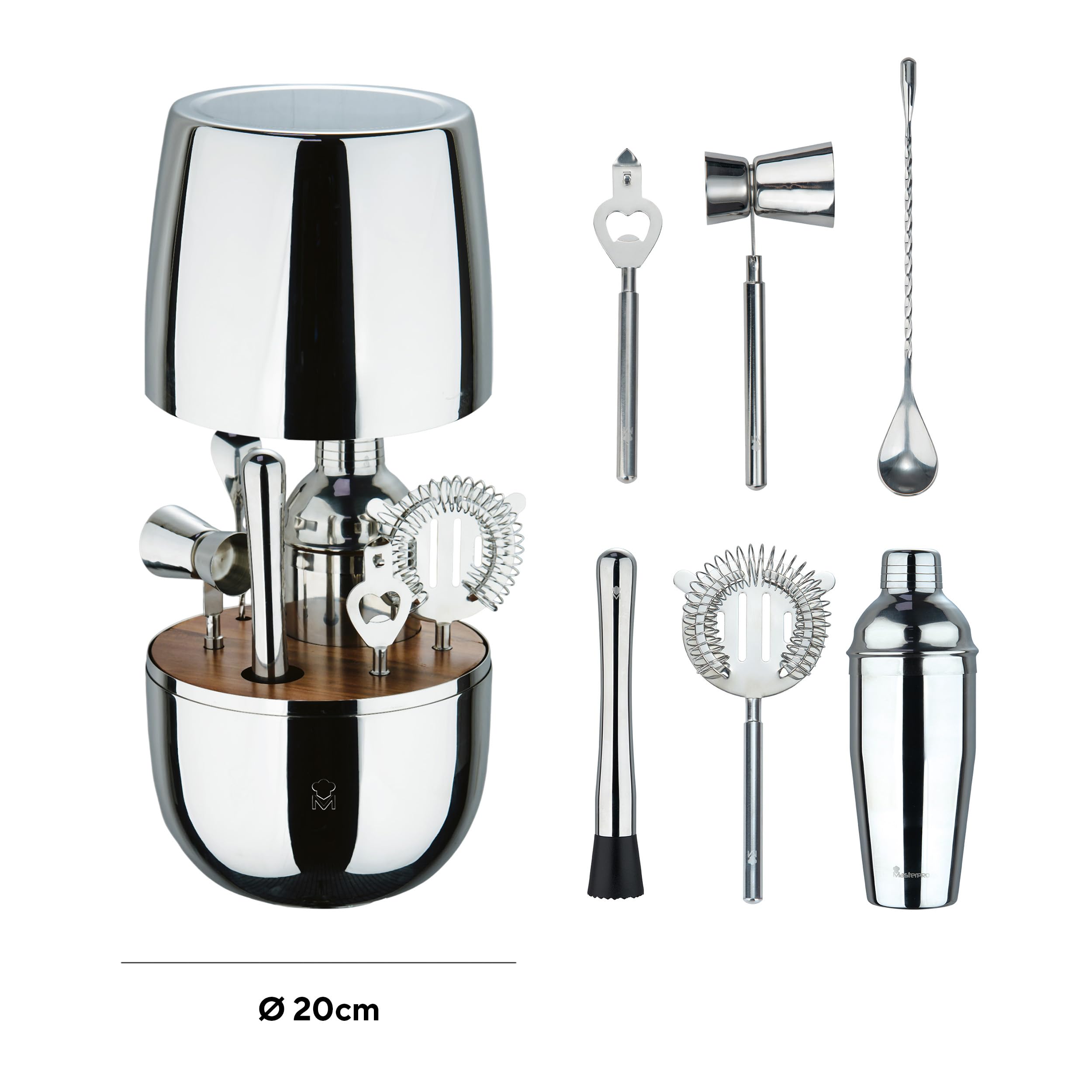 MasterPRO The Drop - Juego de 6 Piezas de Cóctel Acero INOX - Incluye Colador, Abrebotellas, Cuchara Larga, Coctelera, Jigger, Triturador - Elegante y Profesional