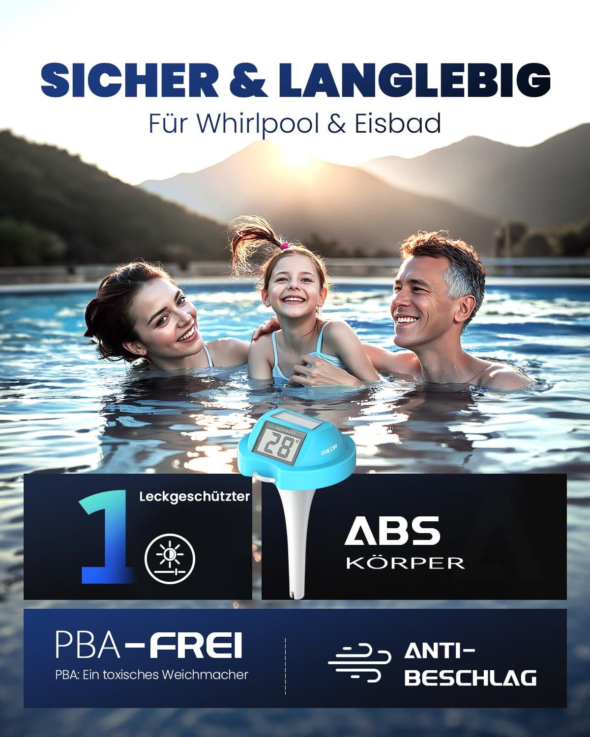 BALDR Solar Schwimmendes für Pool mit zwei großen Displays | IPX7 wasserdichter digitaler Temperaturmesser für Einbau-, Aufstellpools, Spa & Gartenteiche(Blau)