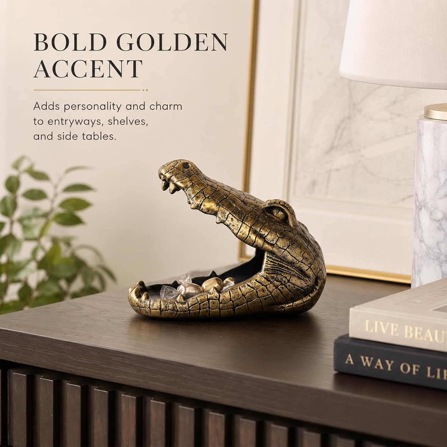 Alligator Statue, Gator Bowl Candy Dish and Key Holder, Gold Accent Animal Decorative Bowl for Office Desk, Entryway Table, Shelf Decor, Alligator Gift Statue