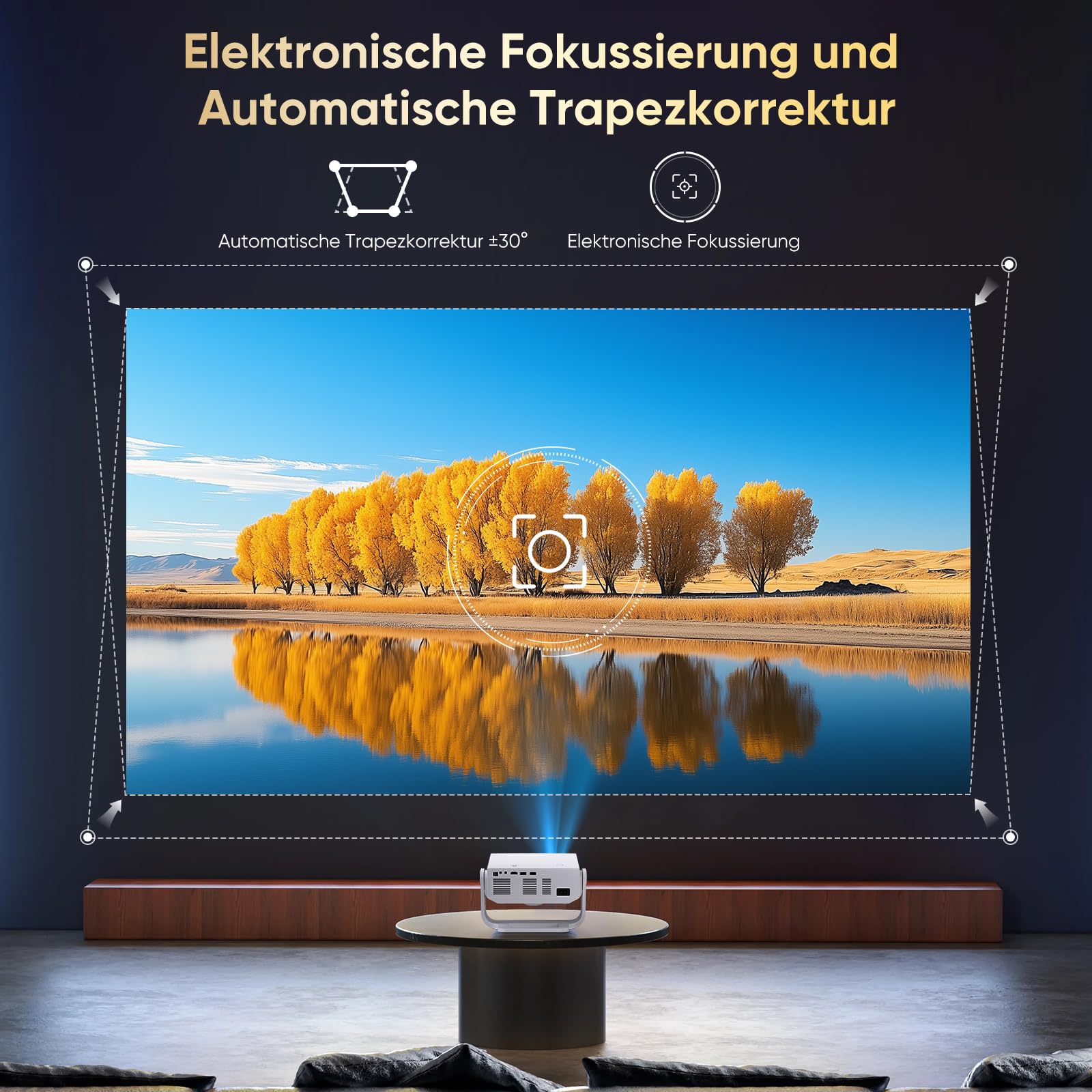 Wielio Upgrade Smart Beamer,integrierter App, Unterstützung 4K,WLAN&BT Projekto, 120° verstellbarem Ständer, vertikale Trapezkorrektur und elektronischer Fokus Heimkino Beamer für Handy/PC