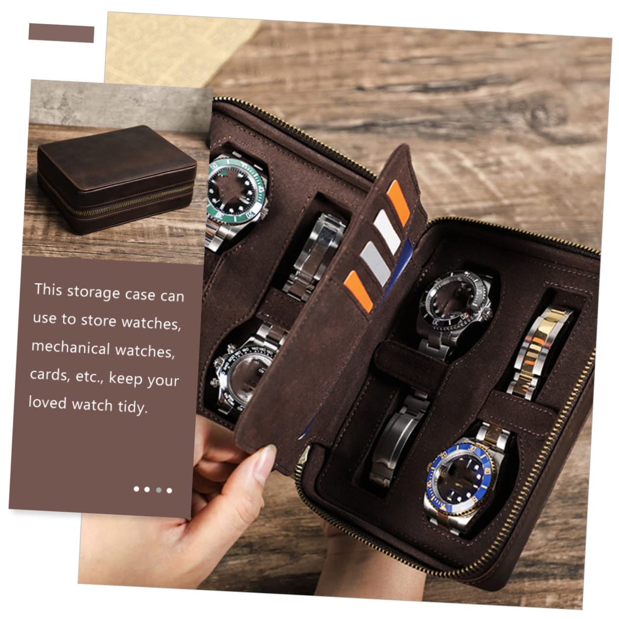 PACKOVE Estuche de Cuero para Reloj Vintage 4 Ranuras y Cremallera | Viaje y Almacenamiento, Tono Café, Compartimentos en Ambos Lados, Adecuado para Boda o Cumpleaños