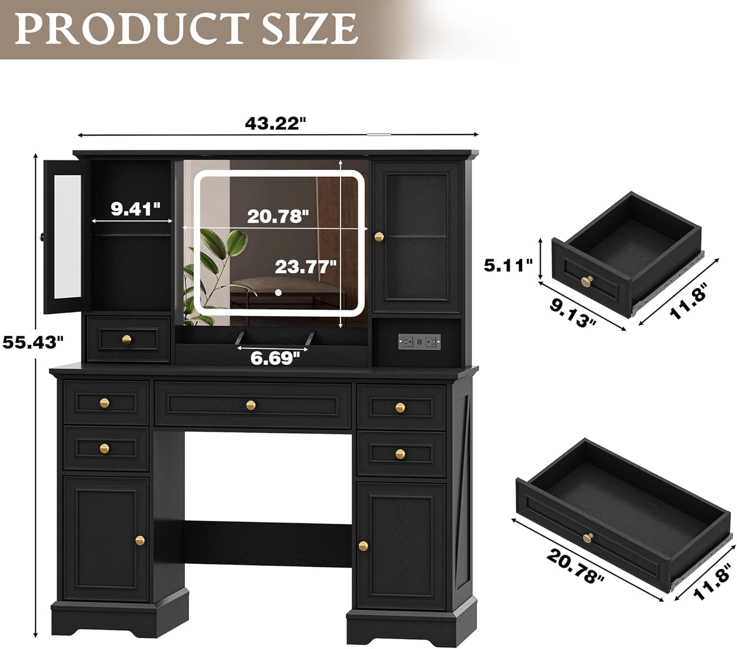 Vanity Desk with HD Lighted Mirror & Power Outlet, Farmhouse Makeup Vanity Table Set with Storage Drawers & RGB Cabinets, Large Dressing Table with 3 Lighting Modes for Women Girls Kids Bedroom, Black