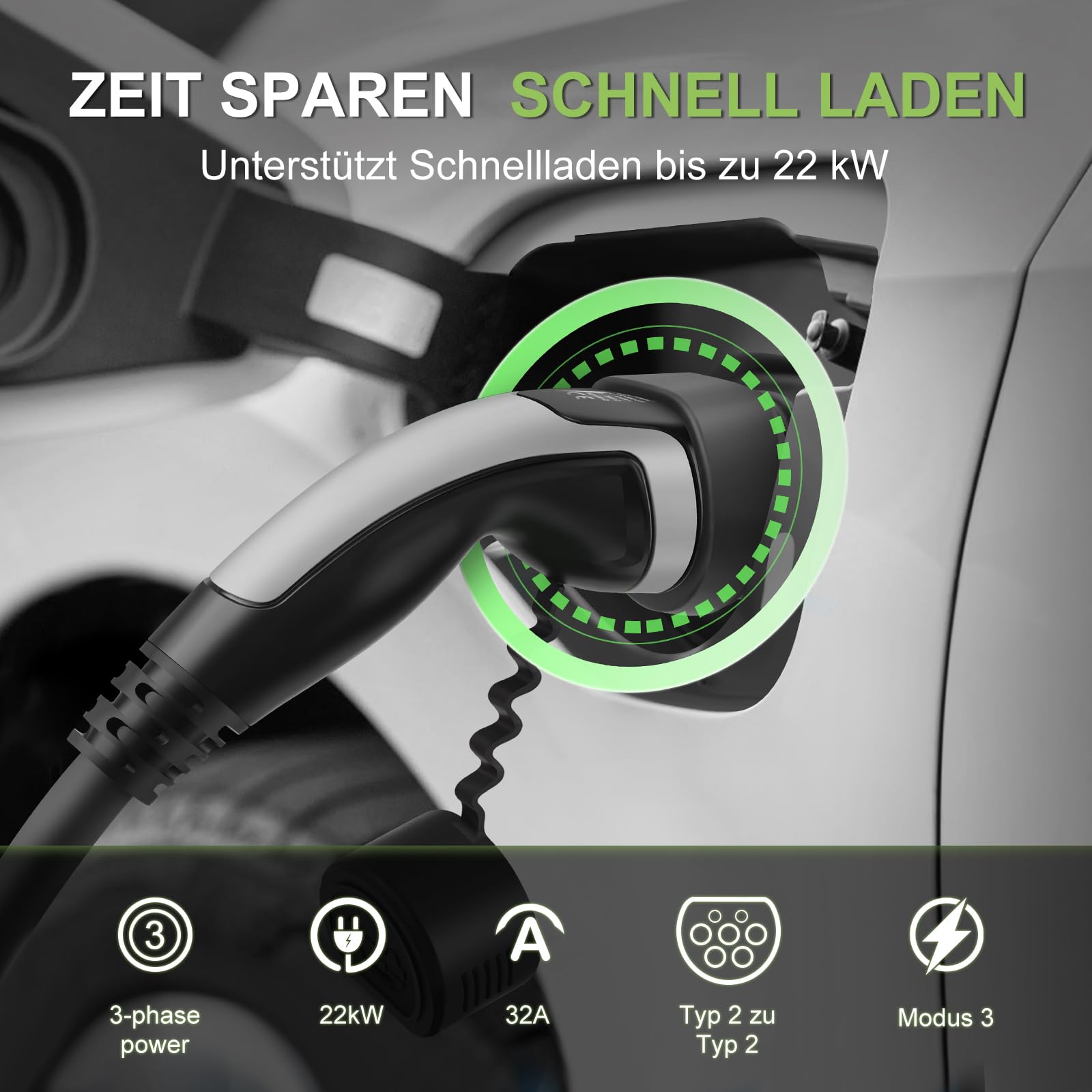 Typ 2 Ladekabel für Elektrofahrzeuge, 22 kW, tragbares 3-Phasen 32A,Mennekes Mode 3 Ladekabel für EV und PHEV (5M Gerades Kabel)