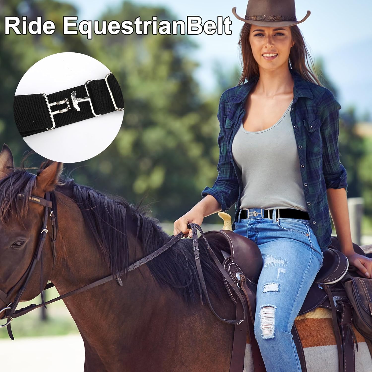 2Pcs 1.5in Elastic Equestrian Belt, Horse Riding Belt with Surcingle Buckle for Women & Girls (Black and Grey) - Image 5