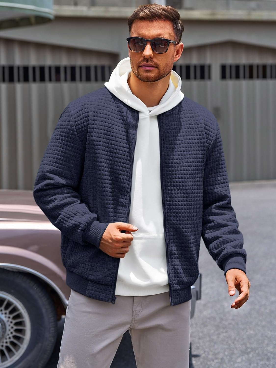 Runcati Mens Bomber Jacket Casual Lightweight Varsity Jackets Waffle Full Zip Coat - Image 3