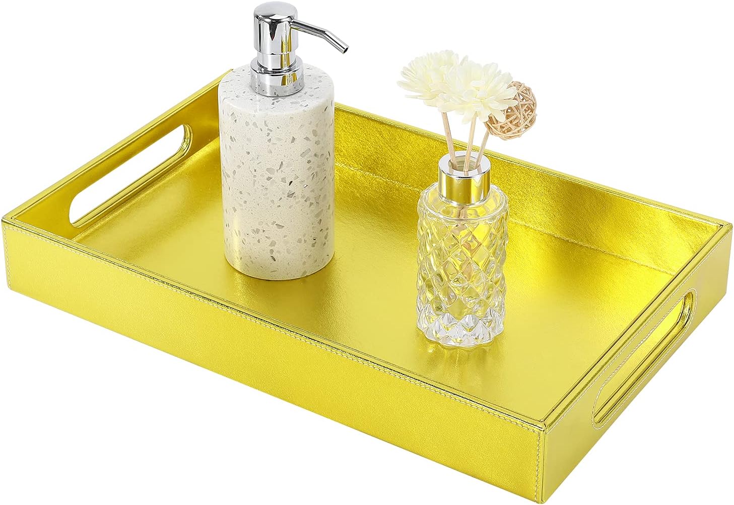 MoKo Vanity Tray, 38x24x5 cm Large Capacity PU Leather Valet Tray Tablet-Top Storage Organizer Catchall Serving Tray with Handles for Living Room Bedroom Entryway Dining-Table Countertop, White Marble: Home & Kitchen