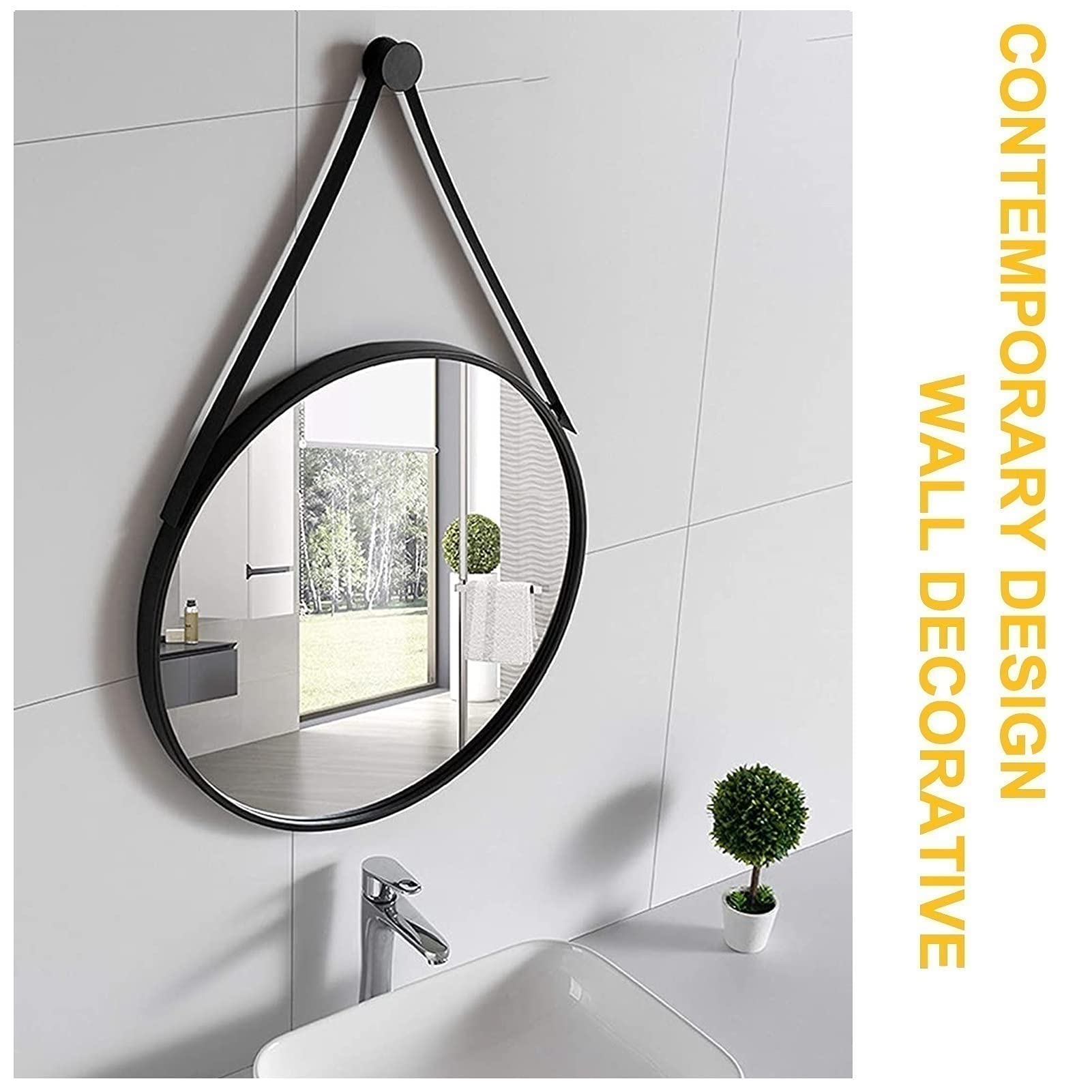 Specchio da Parete Rotondo Specchio Decorativo con Cinghia per Appendere Gancio/Gancio Hardware Nero, Specchio da Bagno Specchio da toeletta Specchio da Barba Montato a Parete, Decorazioni d