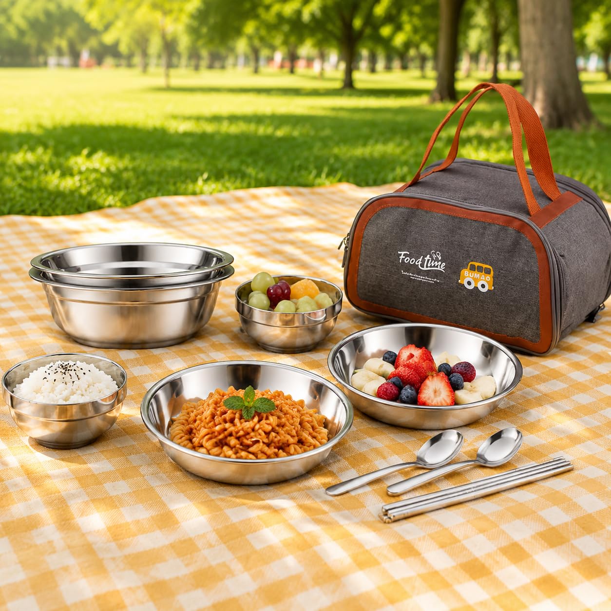Camping Geschirr Set aus Edelstahl, stapelbar, für 2 oder 4 Personen, mit Besteck und Tasche