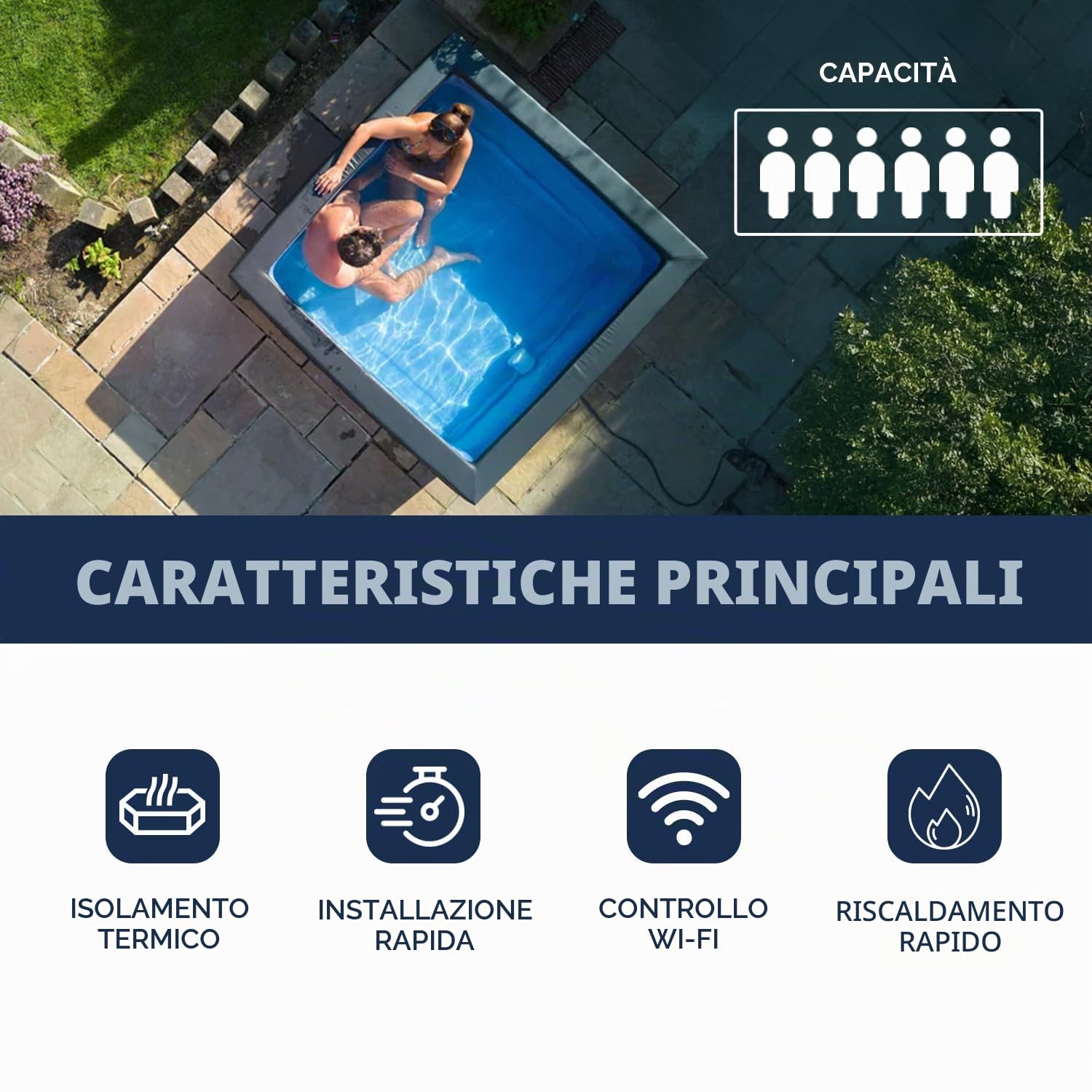 N NETSPA - Spa - Celestia - Semi-Rigida Quadrata 6 Posti - SP-CLS6-CB - Portatile Costruzione in schiuma, Riscaldamento integrato e Copertura Eco-Energetica - Volume 1100 l - Ø180 x H70 cm - Nero