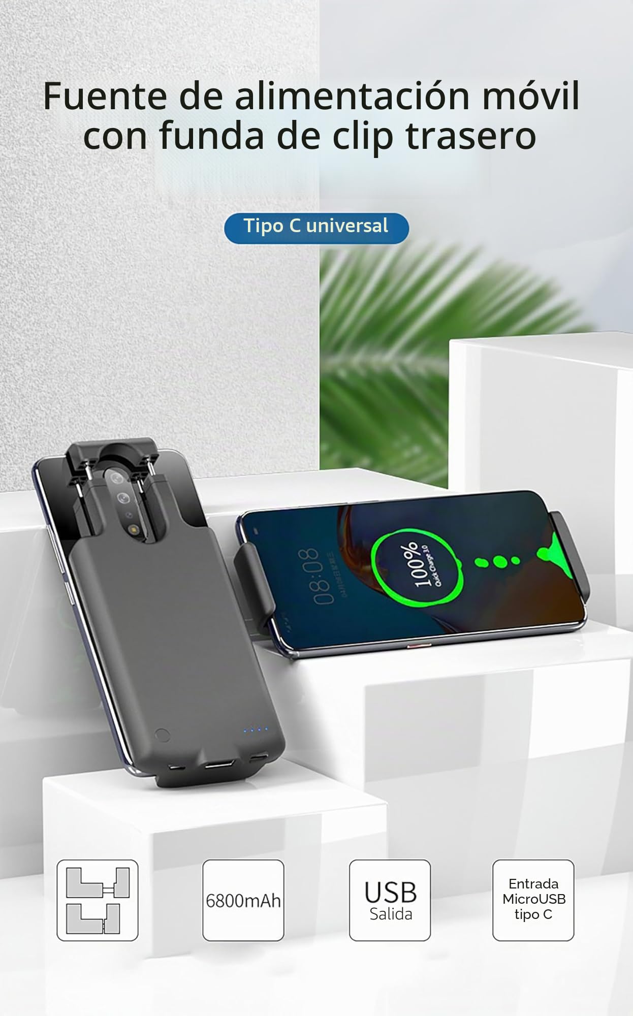 Ellenne Funda Universal de Batería Inteligente, 4220mAh Conector USB-C, Funda de Batería Recargable Power Bank, Compatible con XIAOMI, SAMSUNG, OPPO, HUAWEI hasta 6.8 Pulgadas