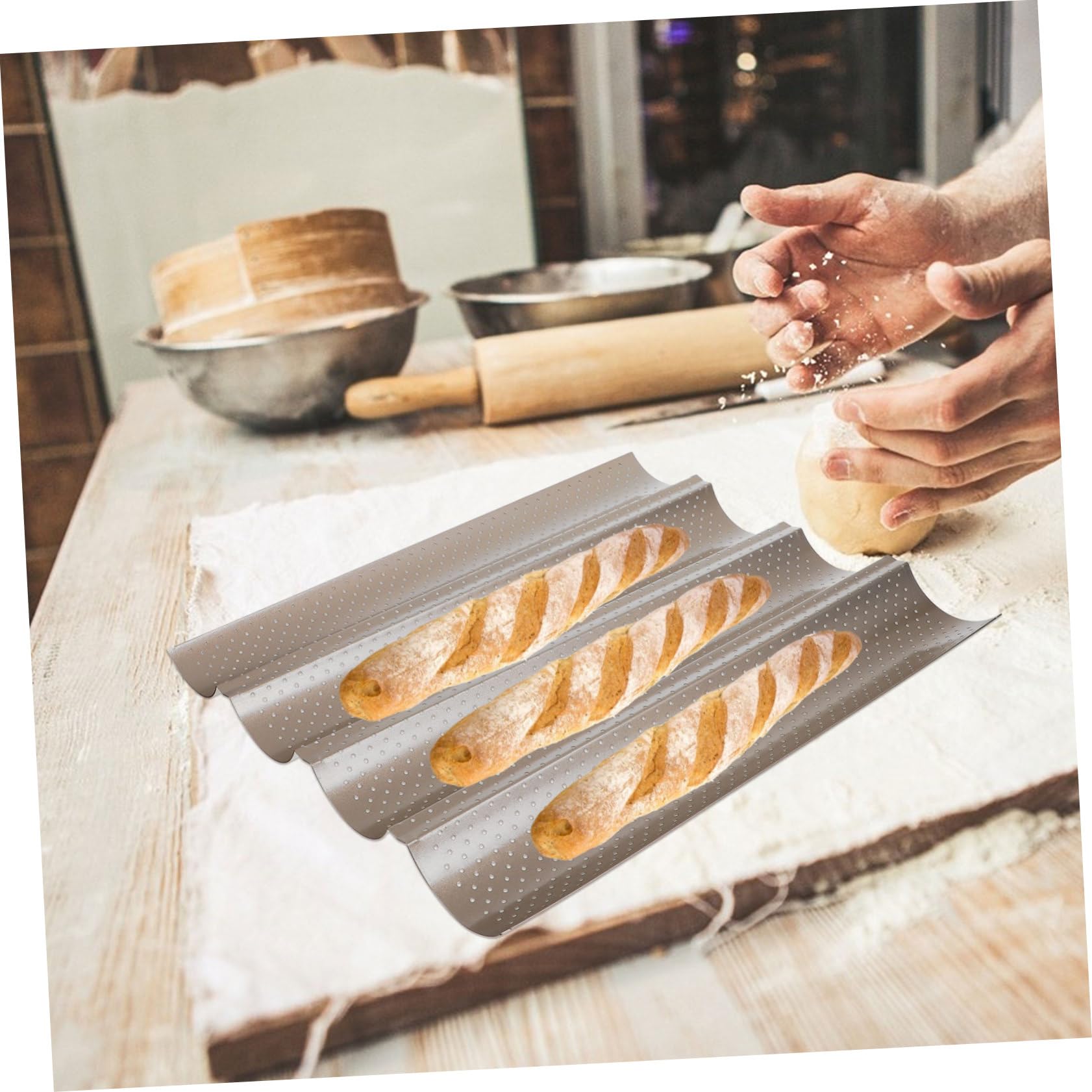 Molde para Baguettes de 4 Cavidades, Acero al Carbono, Antiadherente y Resistente al Calor, Adecuado para Pan Francés y Horneado Diario