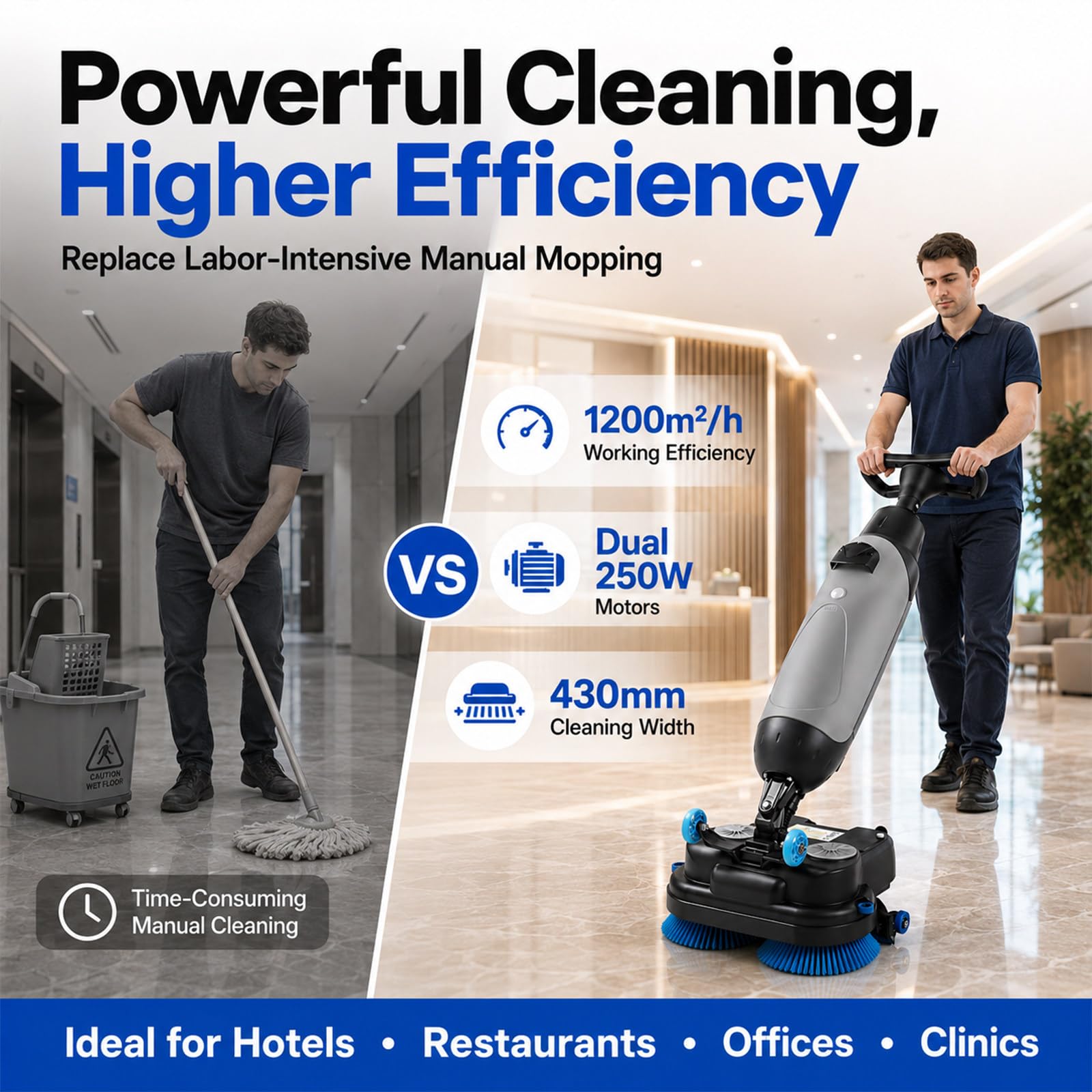 Macchina Lavapavimenti Commerciale, 43 cm con 2×250 W e 360°