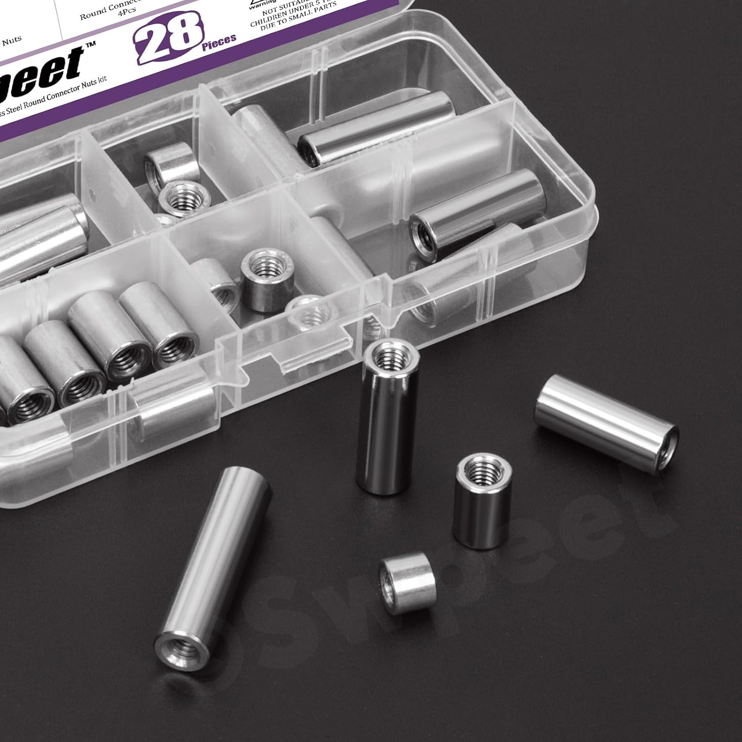 Swpeet 28Pcs 5 Sizes Metric M6 X 1.0-Pitch X 8mm/15mm/25mm/30mm/40mm Length 304 Stainless Steel Round Connector Nuts Coupling Nuts Assortment Kit, Female Thread for Camera Pan, Lamp Bracket