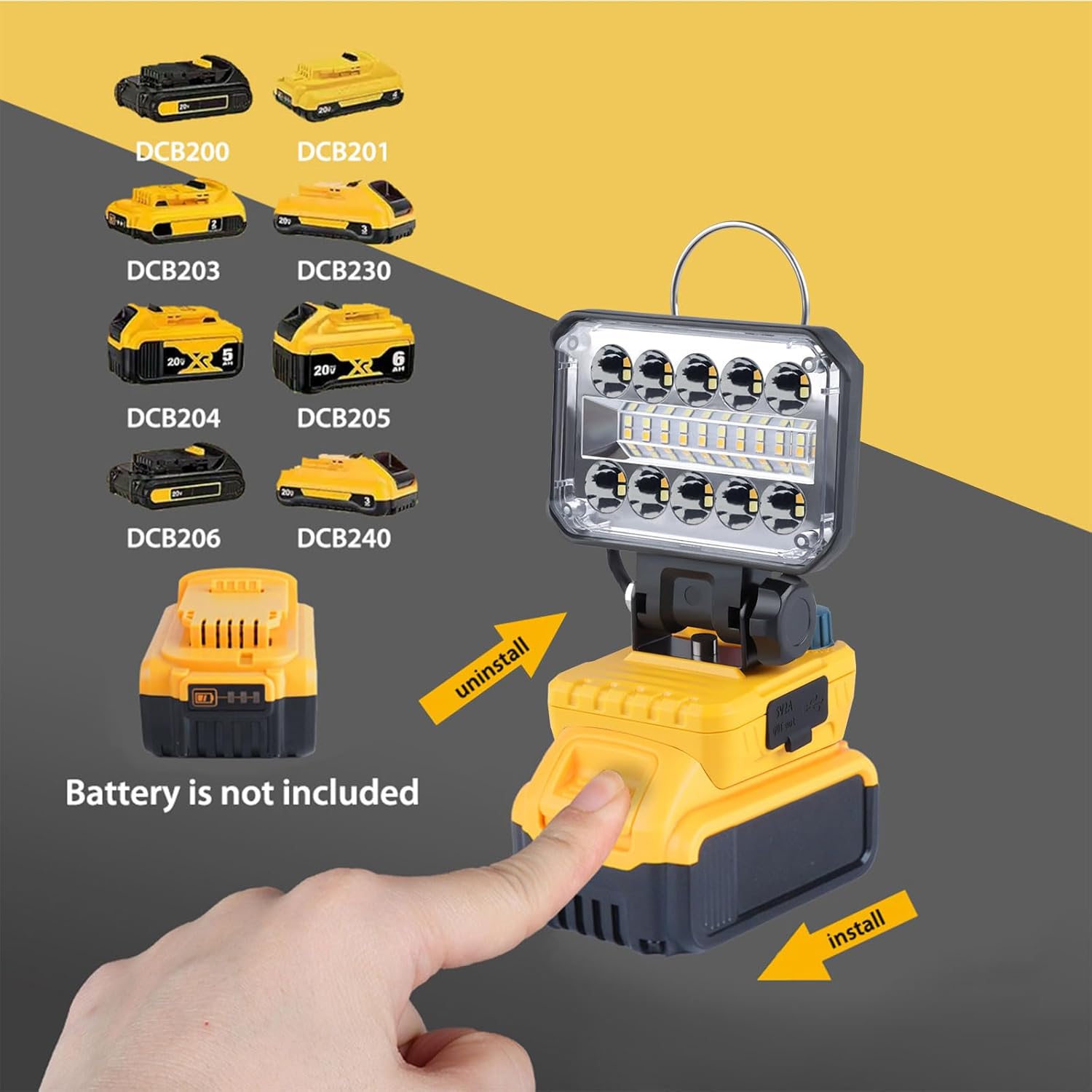LED Work Light for Dewalt 20v Battery, 90W Max 5400LM Flashlight, Portable Flood Battery Light with USB and Type C Charging Port, 3000-6000K Stepless Dimming for Mechanic,Job Site Lighting