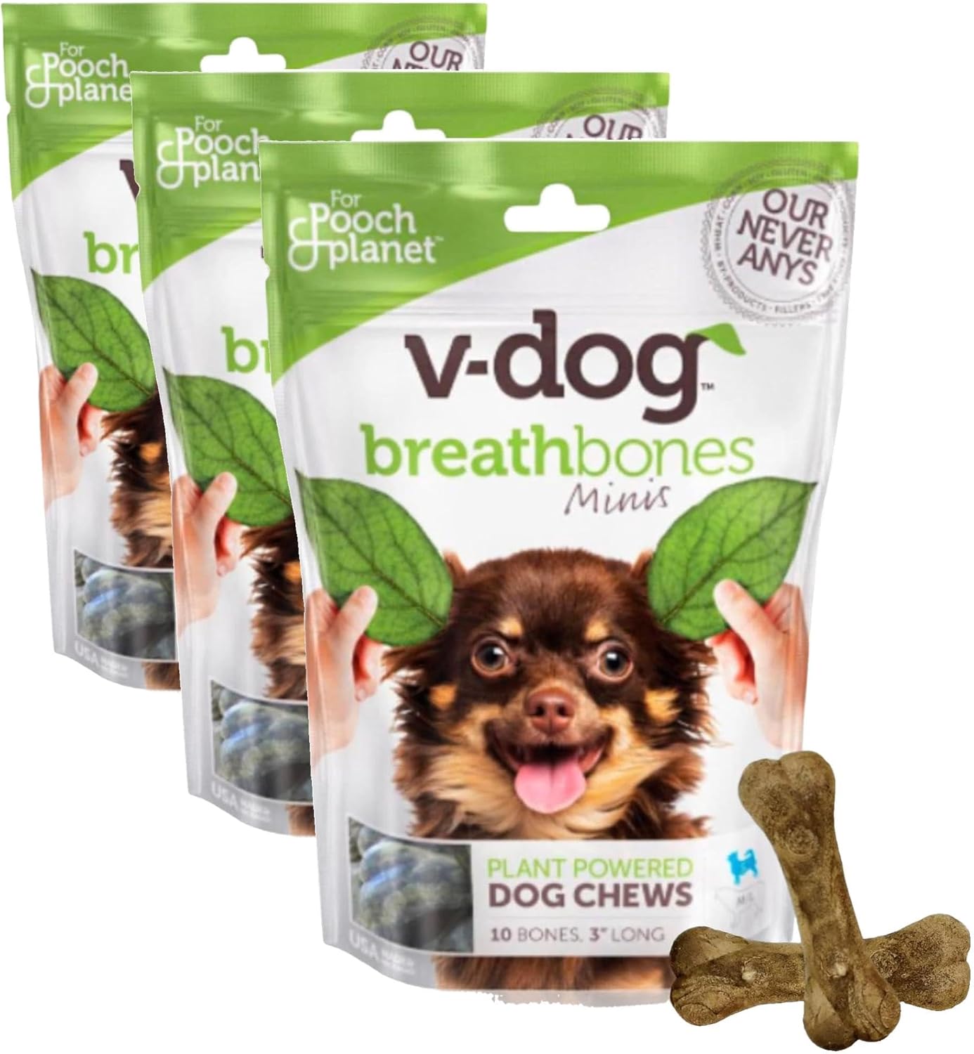 V-dog Dog Treats - Vegan Breathbone Teeth Cleaning Dental Bones - Fresh Breath - 8 Ounces - Minis - All Natural, Made in USA - 10 Bones - 3" Long - Easy to Digest (Pack of 3)