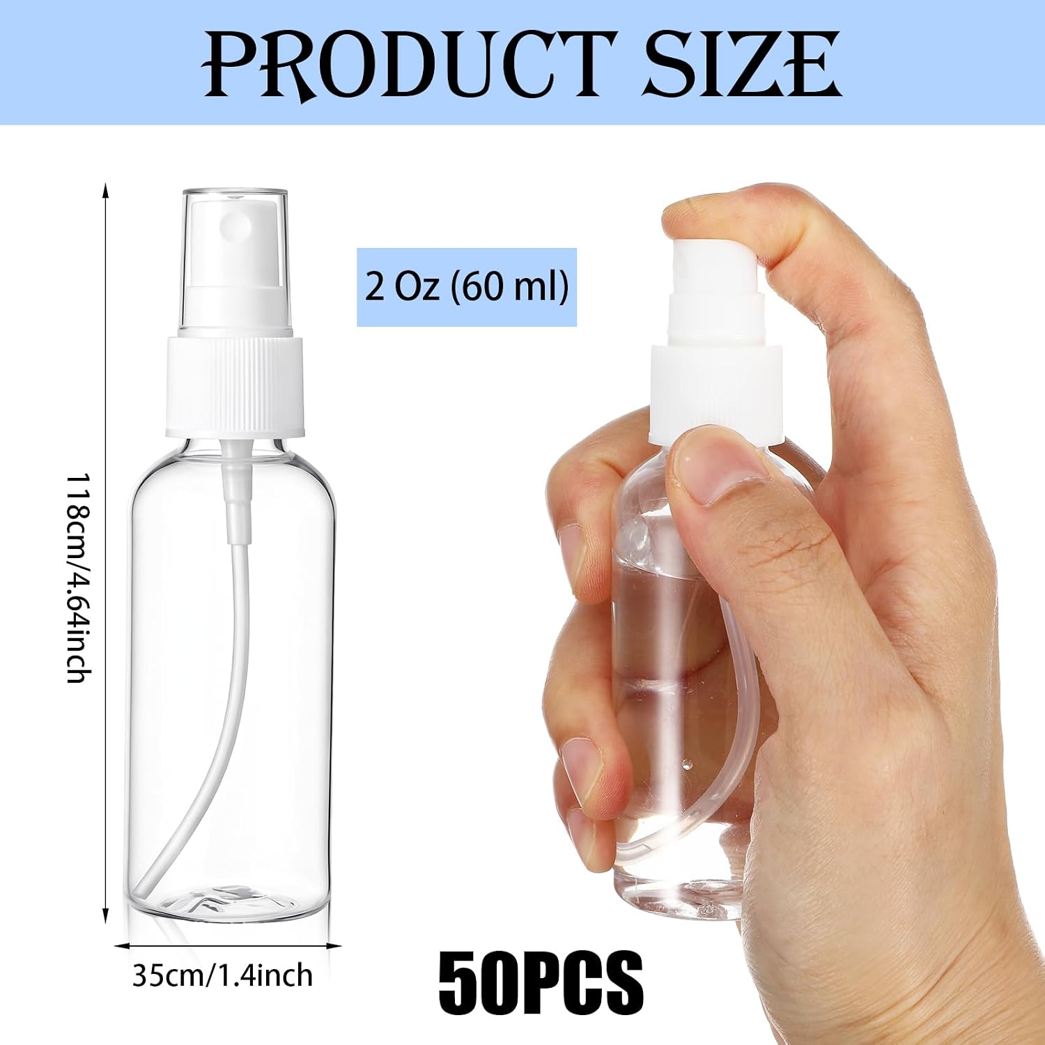 50PCS Small Spray Bottle 2 oz, Clear PET 2 oz Spray Bottles for Travel, Leak-Proof Mini Spray Bottle for Perfume, Plant, Disinfectant, Reusable Travel Spray Bottle with Fine Mist Nozzle (60ml)