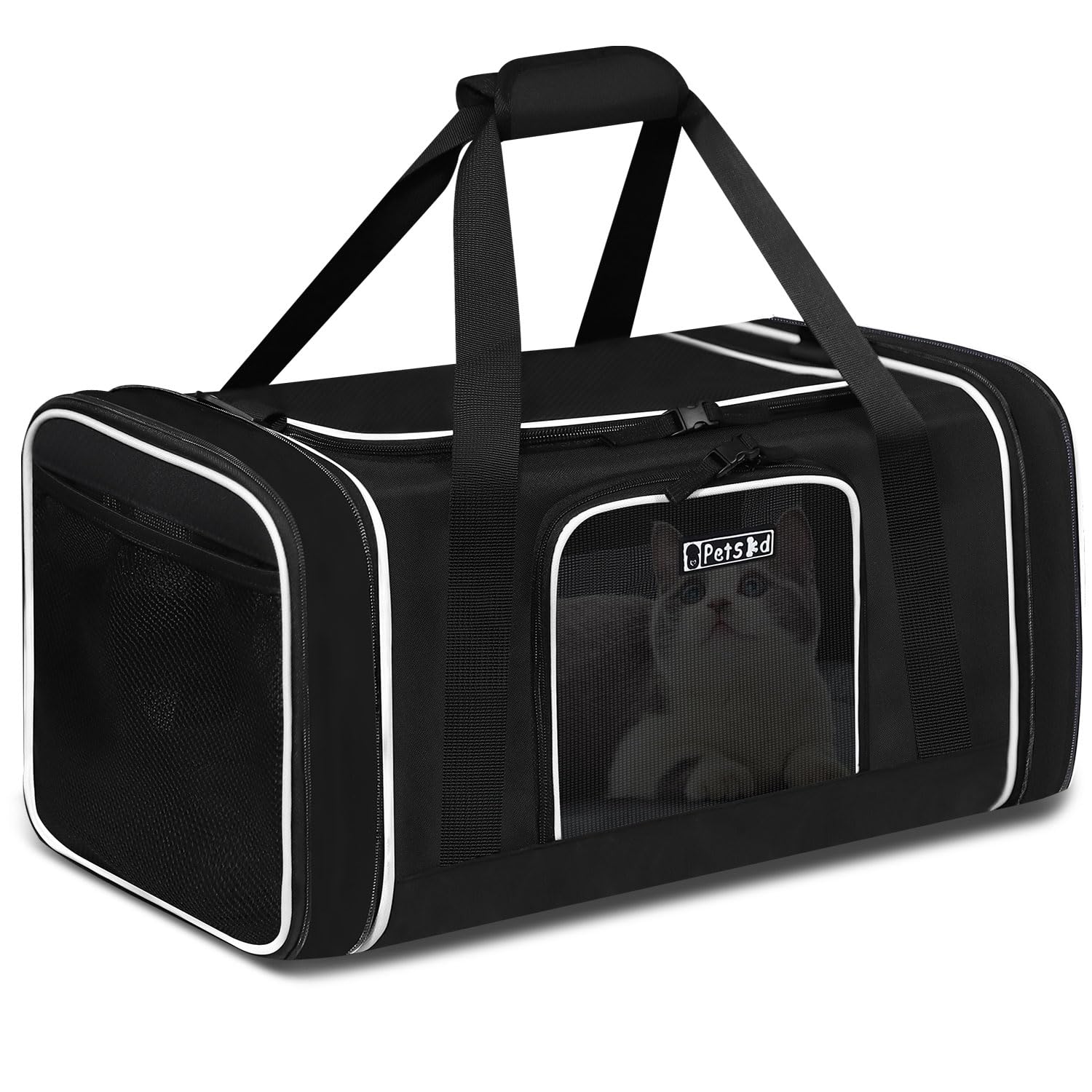 Petskd Length-Expandable Pet Carrier 17x11x9.5 Inches Alaska Airline Approved, Soft Pet Travel Carrier for Small Cats Dogs with Zipper Locks and Anti-Scratch Mesh(Black)