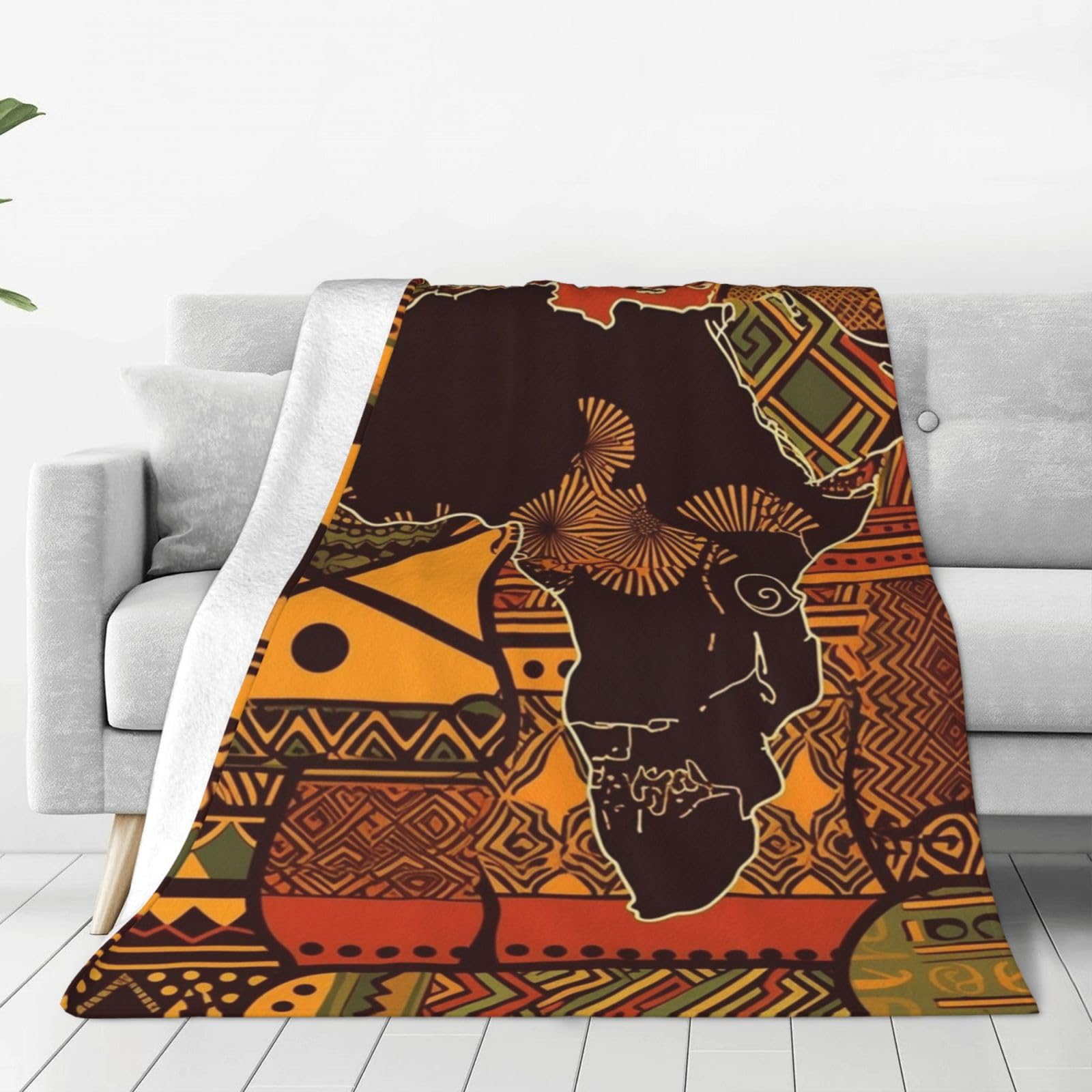 African Map Ethnic Pattern Throw Blanket 60"x50" Flannel Fluffy Warm Blanket for Couch, Reversible Plush Blankets for Bed, Comfy Fuzzy Blanket for Sofa, Plush Lightweight-Blankets for All Season