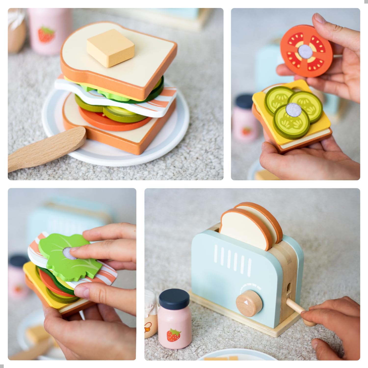 UMU® Grille-Pain en Bois et Sandwich - avec Grille-Pain Pop-up, Coupe Beurre, Accessoires de Cuisine pour Enfants, etc. - Jouet en Bois pour Enfants à partir de 3, 4, 5, 6 Ans