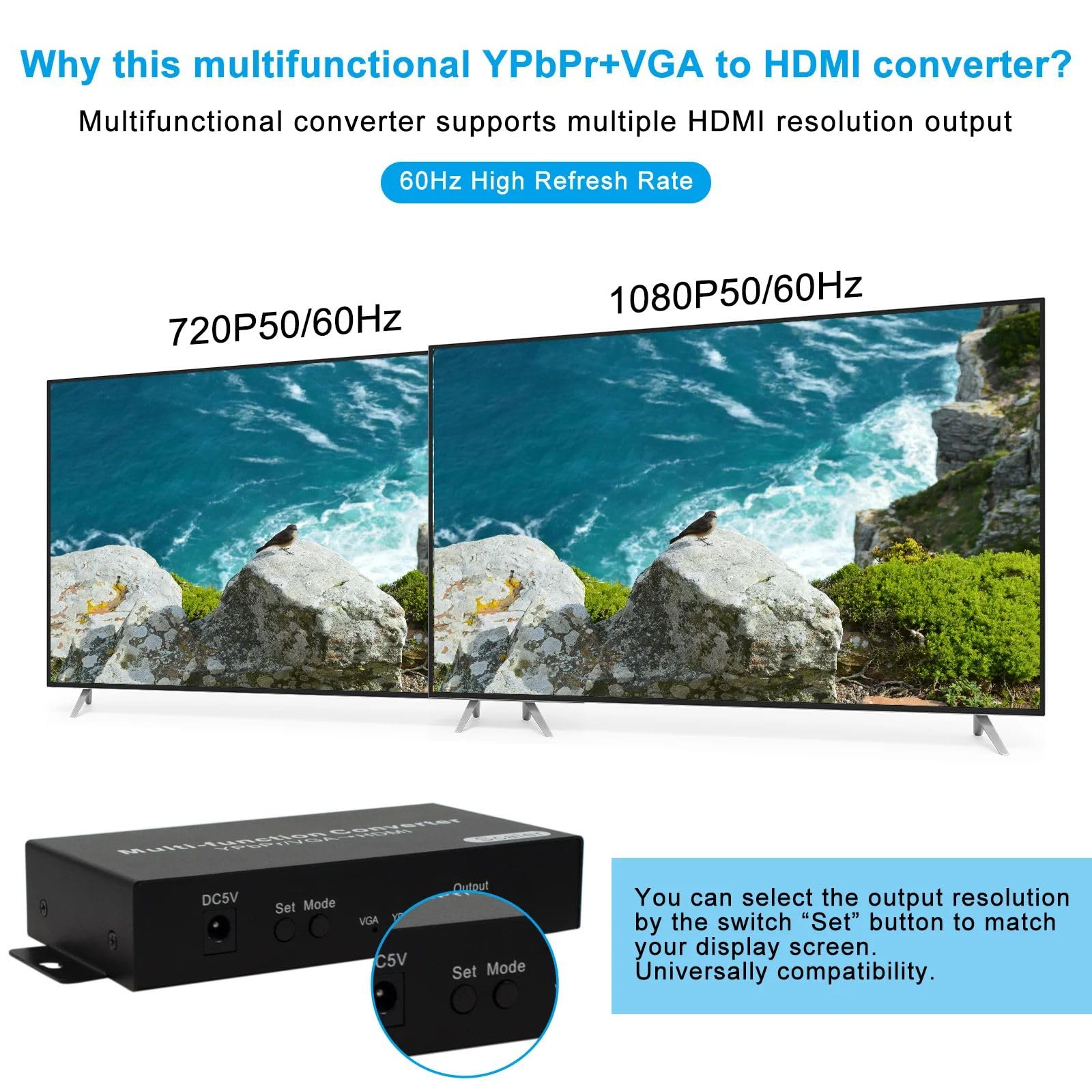 Convertisseur YPbPr vers HDMI Convertisseur VGA vers HDMI avec fonction de détartreur audio jusqu'à 1080P60Hz pour console de jeu PC vers projecteur HDTV