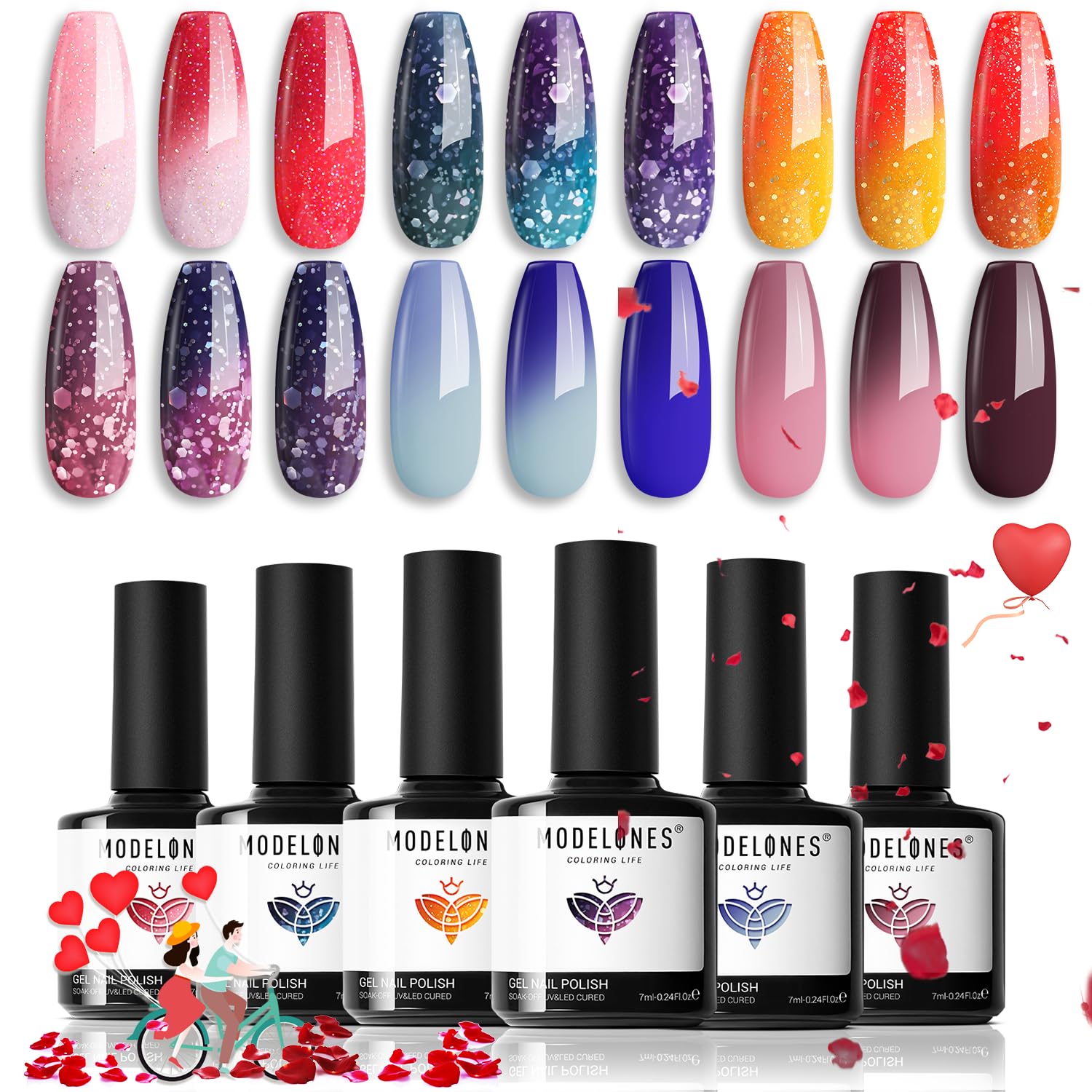 Color Changing Gel Nail Polish Set, 6 Colors 2026 Valentine's Day Red Pink Glitter Blue Purple Mood Temperature Change Nail Polish Gel Set Soak Off Nail Art Gel DIY Salon Manicure Gift