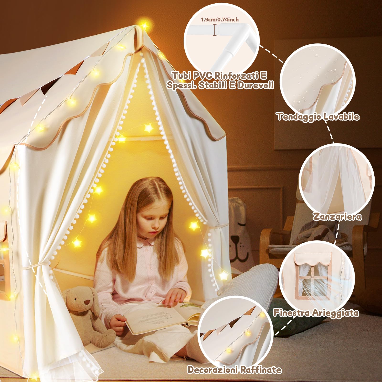 Herenear Tenda per Bambini con 2 Porte, Tenda da Gioco per Bambini Interni Esterni con Sottotenda e 2 Finestre, Cameretta Letto con Luci e Bandierine, Casetta Tenda Regalo