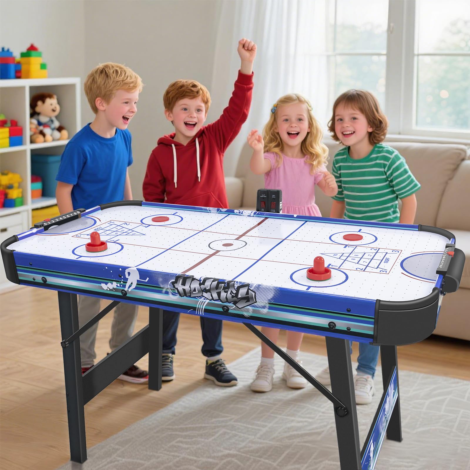 Klappbarer Airhockey Tisch 122cm mit Luftkissen-Effekt - 3-in-1 Spiel für Familie: Hockey, Bowling, Shuffleboard - Scoreboard, 2 Pucks + Schläger - Zuhause Freizeit Geschenk