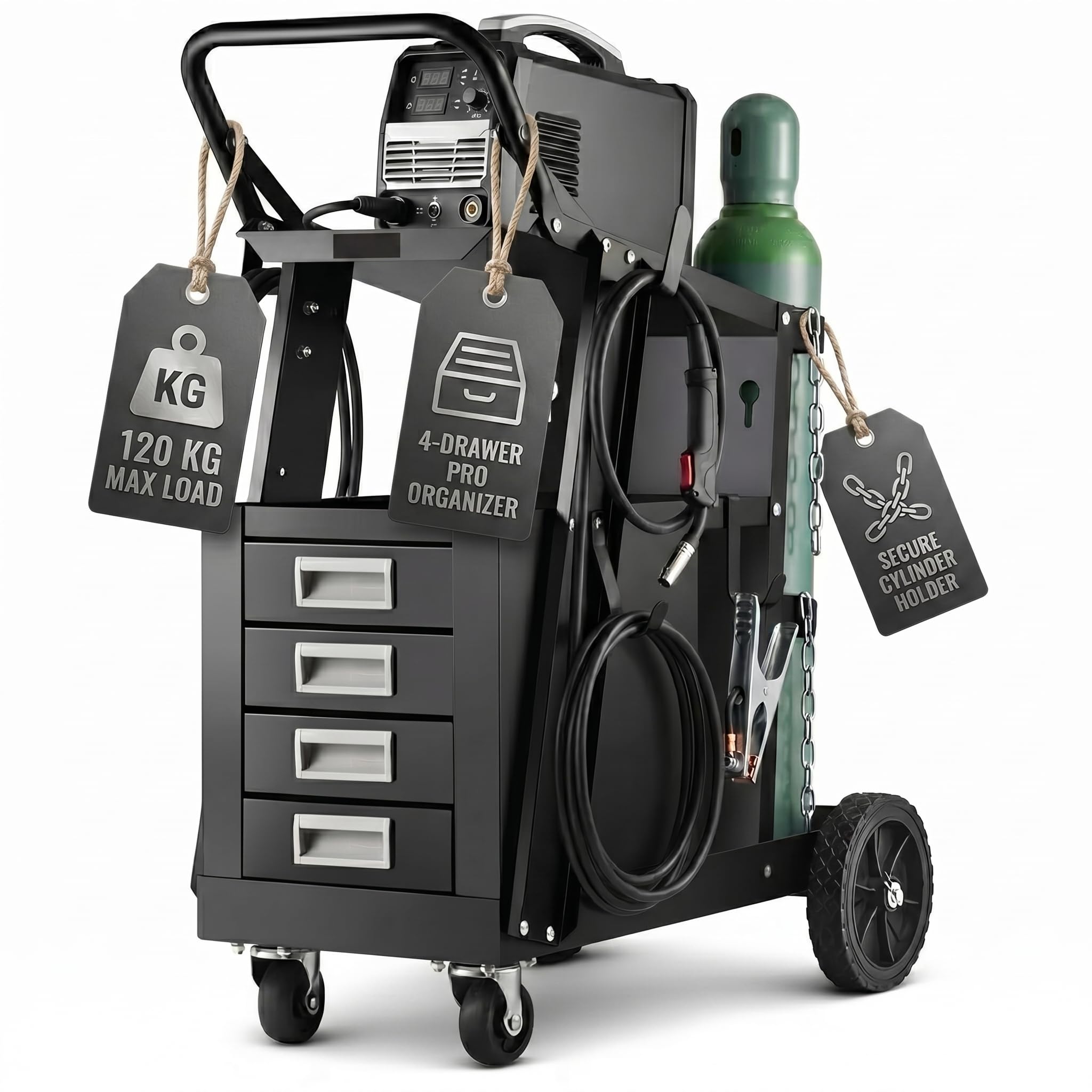 WERKTHOR Carrello Saldatrice Black Basic, Portata 100 kg, 4 Cassetti, Supporto per Bombola del Gas con Catene di Sicurezza, Tavolo per Saldatrici e Taglierine al Plasma