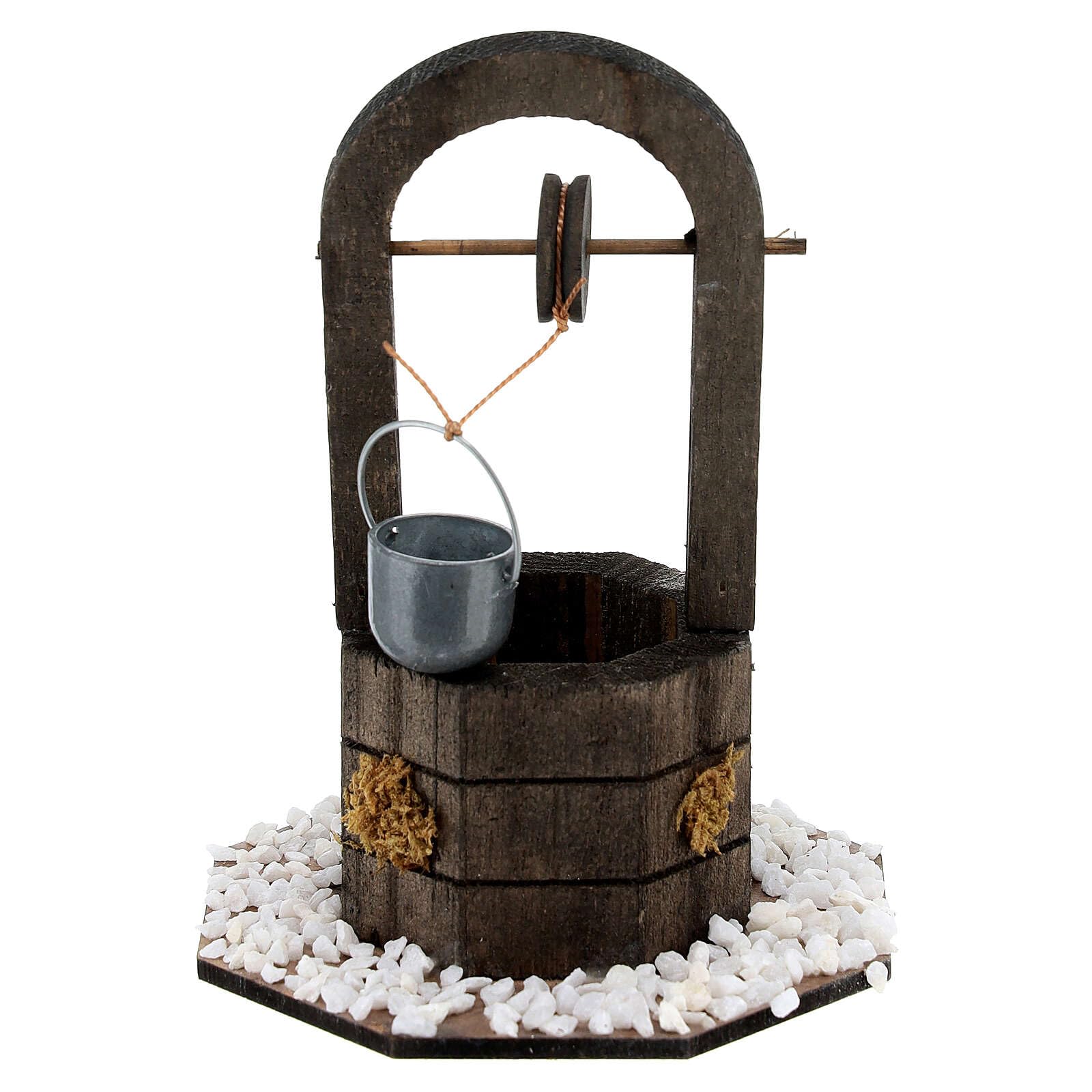 Holyart Miniatur-Verkaufsstände, Häuser und -Brunnen für Krippen: Brunnen für Krippe aus Holz mit Kübel h 12 cm
