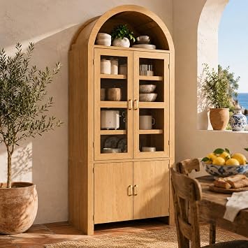 71" Tall Arched Kitchen Pantry Cabinet, Modern Farmhouse Wood Kitchens Storage Cabinets, Cupboard for Dining Room, Kitchen, Bathroom, Natural