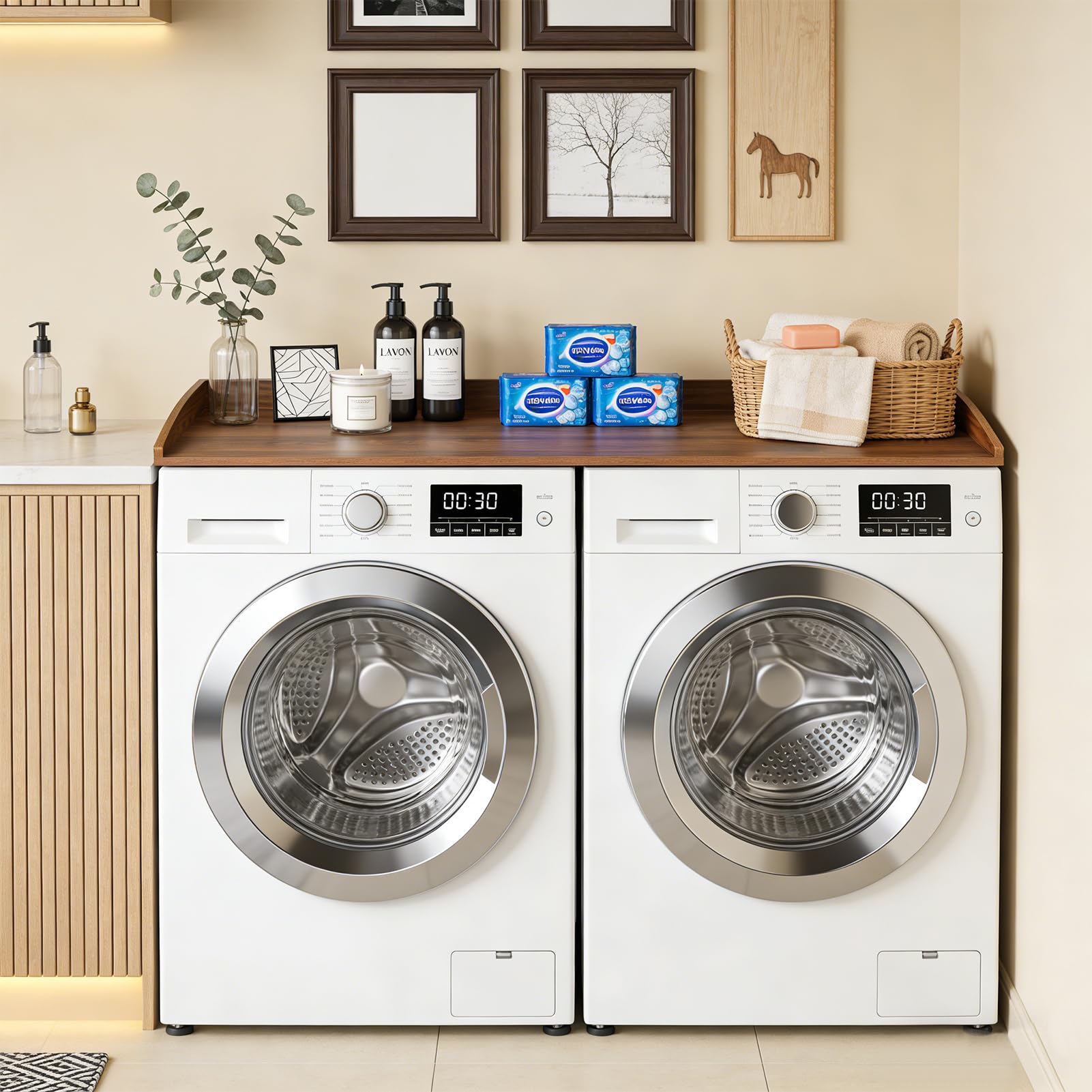 Encimera Lavadora y Secadora 120x60, Encimera Lavadora Madera, Washer Dryer Countertop, Impermeable, Resistente a los Arañazos, Instalación Rápida para Lavadora y Secadora, Hasta 50 kg (Nogal)