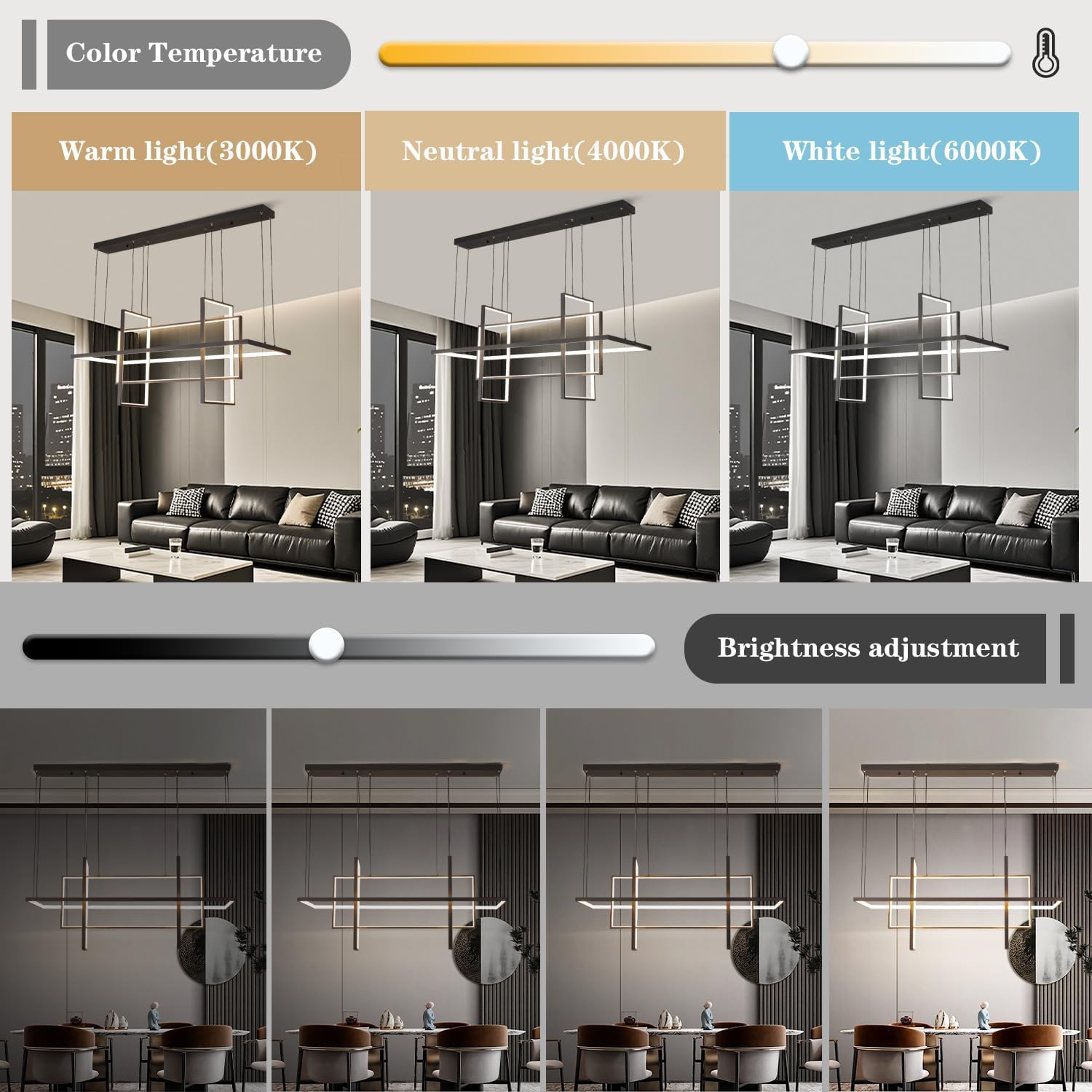 Modern LED Pendant Light Chandelier for Dining Room, Black 4-Lights Remote Control Pendant Lighting for Living Room Kitchen Island Dimmable Color Changing (Black, 43.3in/110cm)