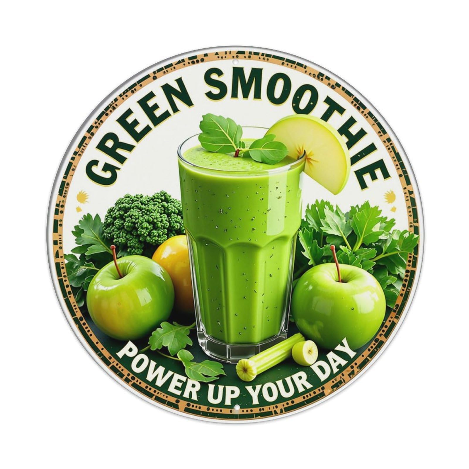 Green Smoothie Power Up Your Day Retro Metal Sign Round Tin Sign, Vintage Decor Art Poster for Bar, Home, Man Cave, Kitchen, Laundry Room Gift 8x8Inch
