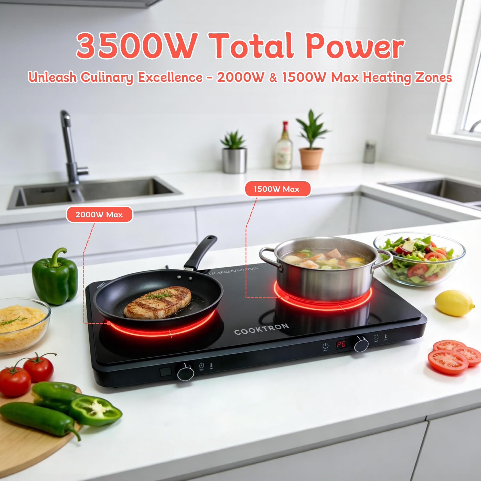 COOKTRON Płyta indukcyjna 2 płyty 3500 W, płyta indukcyjna podwójna, wolnostojąca, 10 poziomów mocy, przycisk dotykowy i obrotowy, timer 99 min, mobilna do kuchni i na kemping