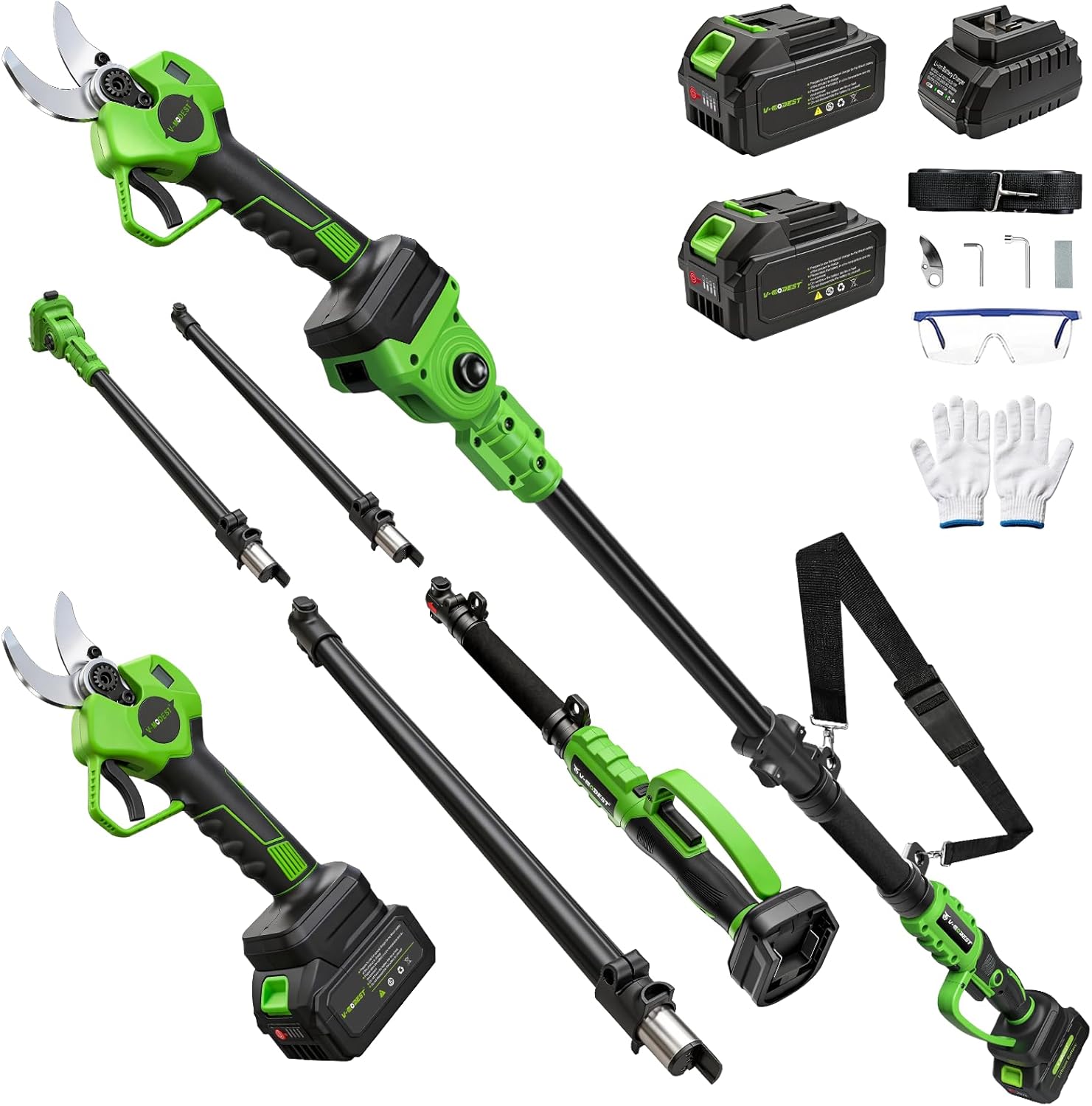 2-in-1 Electric Pruning Shears Cordless Pole Pruner, Lightweight Extension Pole, 1.6" Cut, SK7 Blade, 2x4.0Ah Batteries, Brushless Motor & LCD, Battery Powered Tree Pruner for Garden Orchard