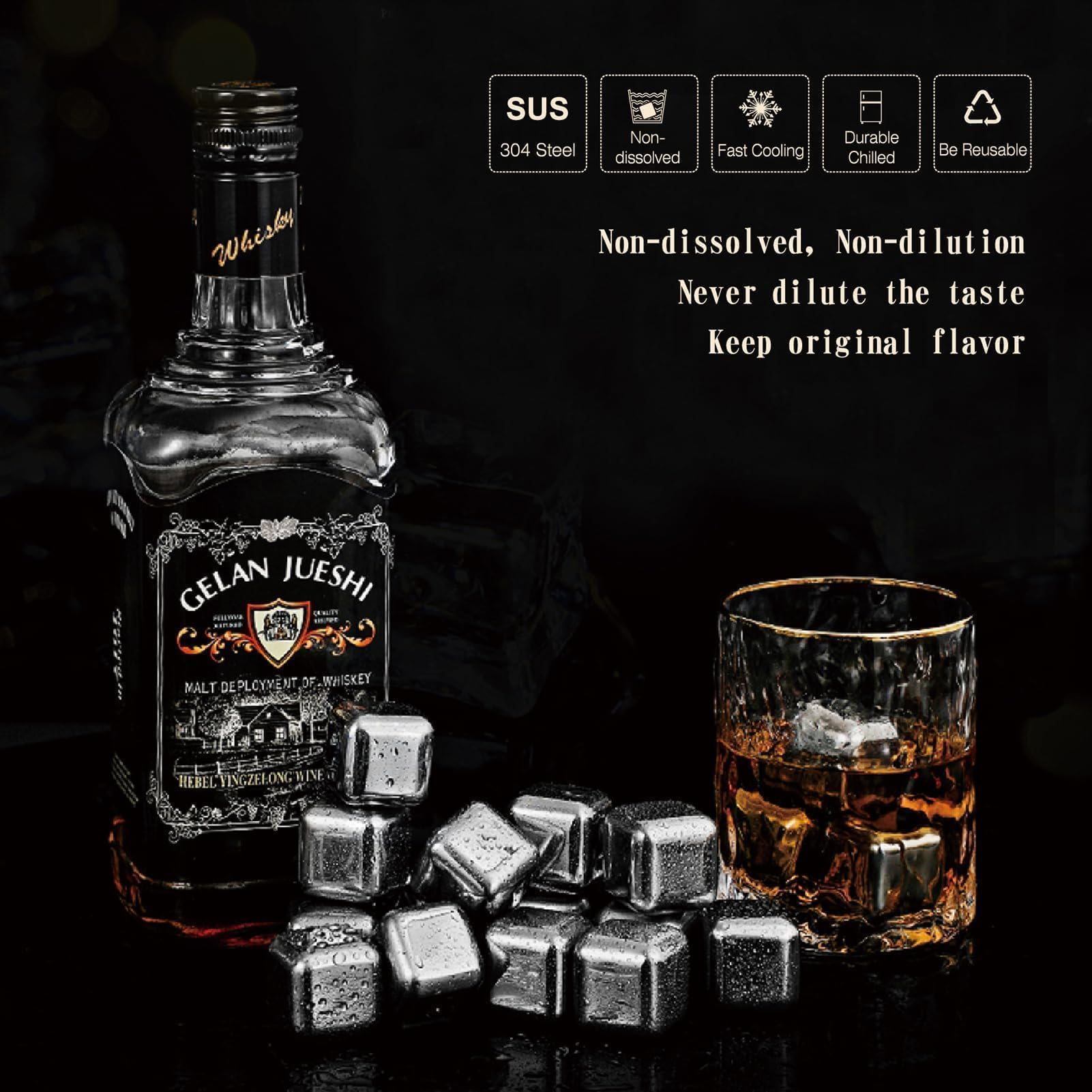 Kostki lodu wielokrotnego użytku ze stali nierdzewnej do napojów, metalowe kamienie do whisky, technologia wysokiej chłodzenia, do whisky, wódki, likierów, wina, soku lub napojów gazowanych, 8