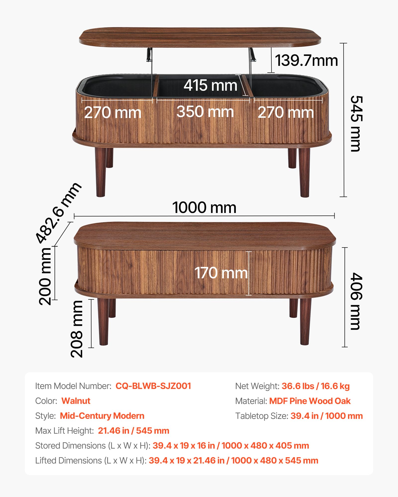 VEVOR Couchtisch Höhenverstellbar 1000x480x405-545 mm, Wohnzimmertisch mit Stauraum, Ausziehbarer Kaffeetisch im Mid-Century-Stil aus MDF, Hubtischplatte für Zuhause & Büro, Walnussfarbe