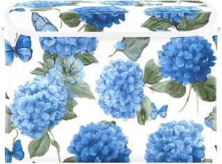 Foldable Storage Box Hydrangea Floral Blue Butterfly Storage Bin with Lids | Large Fabric Closet Organizer Containers Boxes Decorative Cubes Baskets with Cover Handles for Bedroom Living Room Office