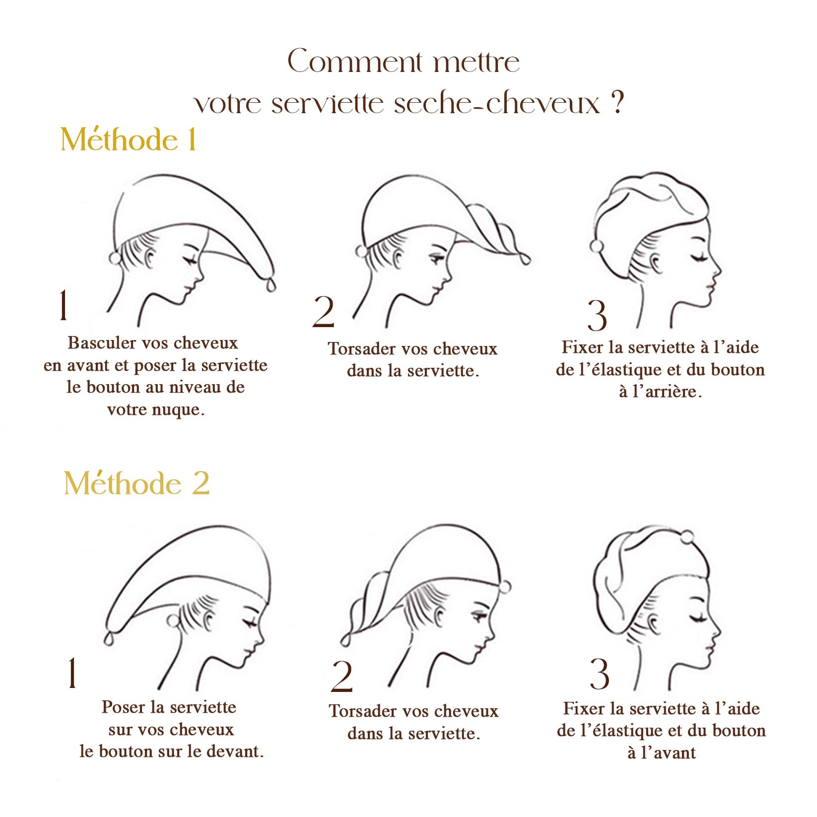 2 Pezzi Asciugamano per capelli in spugna di bambù - Assorbente e morbido - Asciugatura rapida - Turbante per capelli con chiusura a bottone - Produzione francese (Bianco Cappuccino)