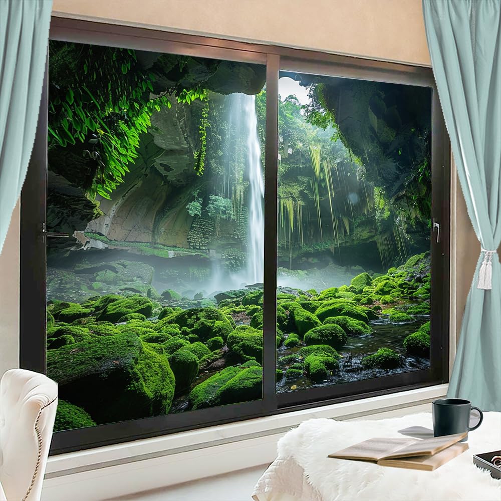 FOCCAFB Nature Waterfall View Window Film, Sun Blocking & Heat Control, Rustic Modern Mountain Cave Frosted Privacy Self-Adhesive Window Glass Film