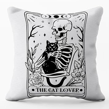 Cat Lover Tarot Throw Pillow Covers, 18x18 inch Skeleton & Black Cat Pillowcase Gift, College Dorm Decoration