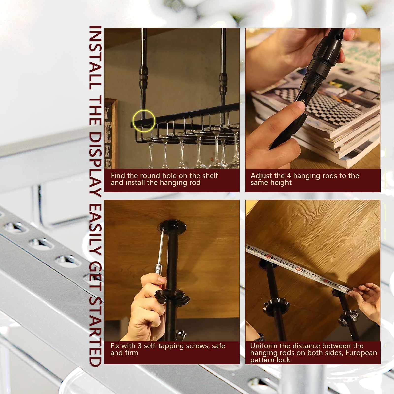 Support pour Verre à Vin Hauteur RéGlable, Porte-Verres à Pied Suspendu en Métal, Montage au Plafond Range Verre Suspendu Bar pour Famille, Restaurant, Hôtel, Bar (BN, 120x40x(30-60) cm)