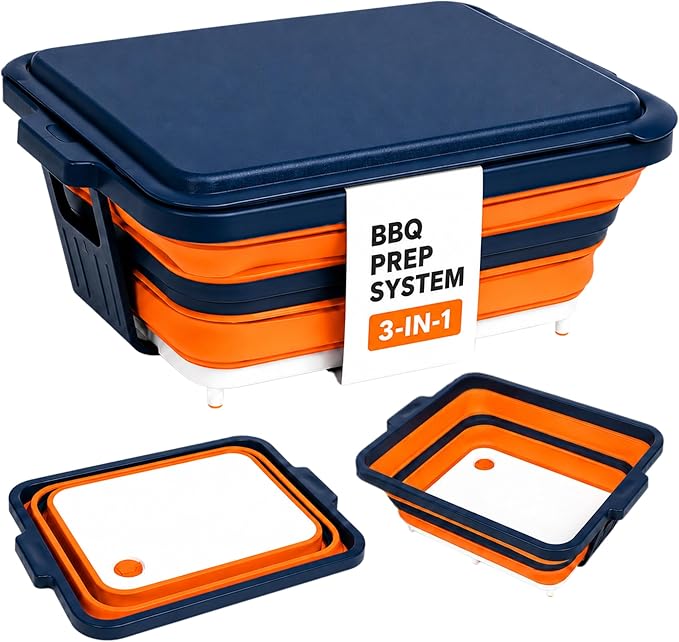 Collapsible BBQ Prep Tub with Convertible Cutting Board Design &