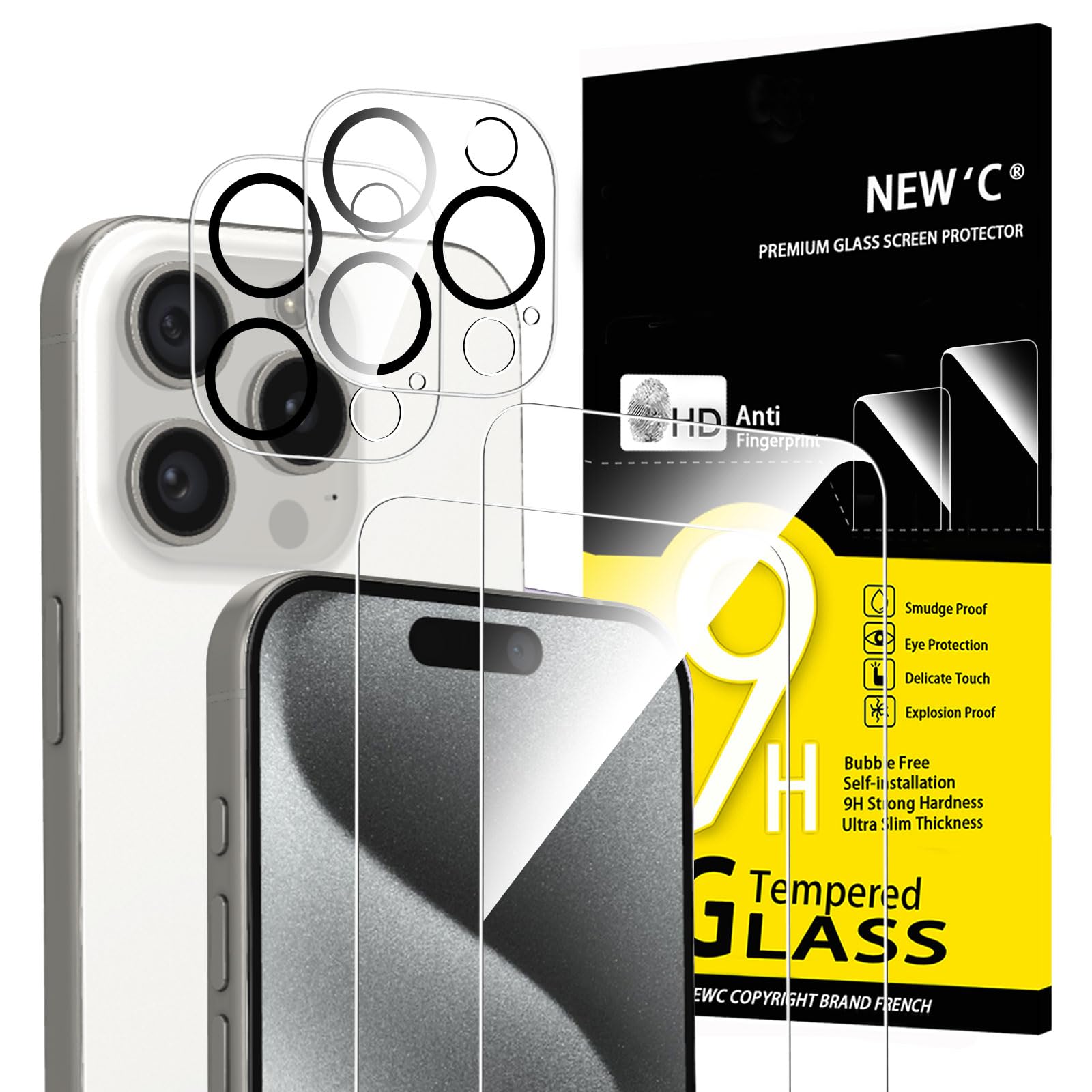 NEW'C 4 Pezzi, 2 x Pellicola Vetro Temperato per iPhone 15 Pro (6,1") e 2 x Pellicola Vetro Protettiva Fotocamera Posteriore per iPhone 15 Pro (6,1") Senza Bolle, Ultra Resistente, Vetro Durezza 9H